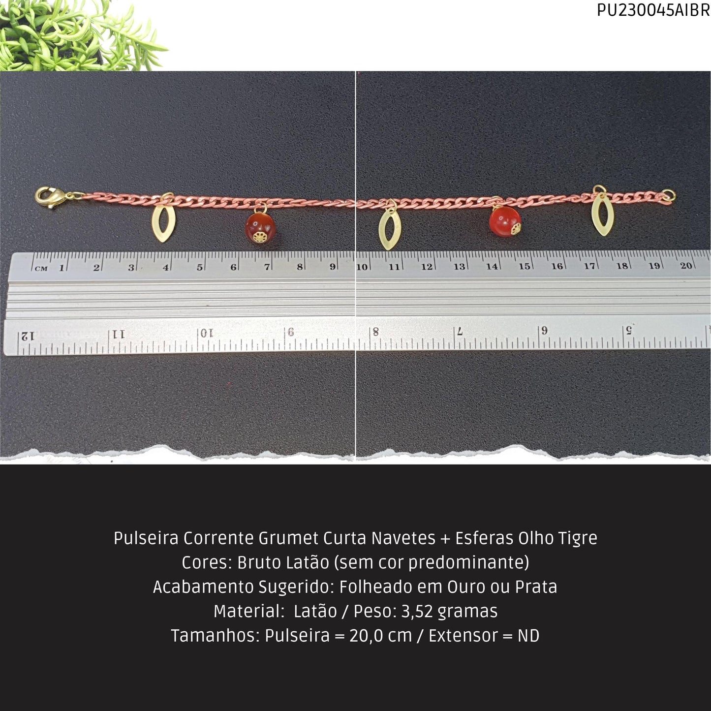 Pulseira Corrente Grumet Curta Navetes + Esferas Olho Tigre  - Código.: PU230045AIBR  - Peso.: 3.5 gr