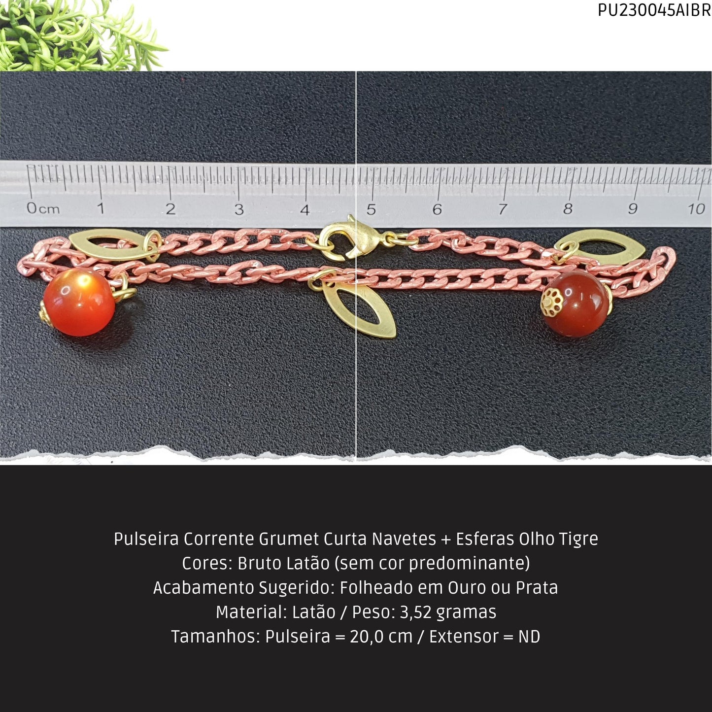 Pulseira Corrente Grumet Curta Navetes + Esferas Olho Tigre  - Código.: PU230045AIBR  - Peso.: 3.5 gr