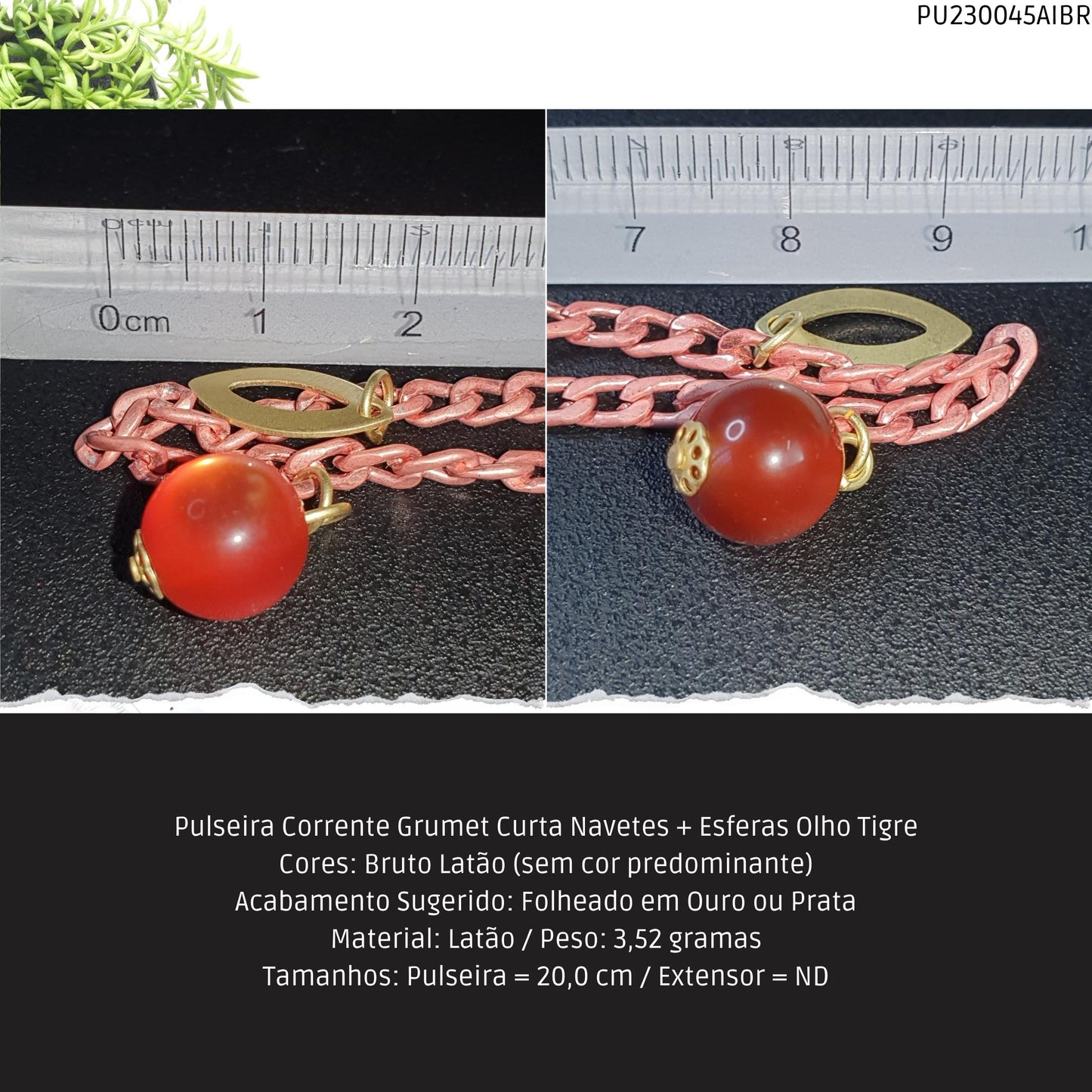 Pulseira Corrente Grumet Curta Navetes + Esferas Olho Tigre  - Código.: PU230045AIBR  - Peso.: 3.5 gr