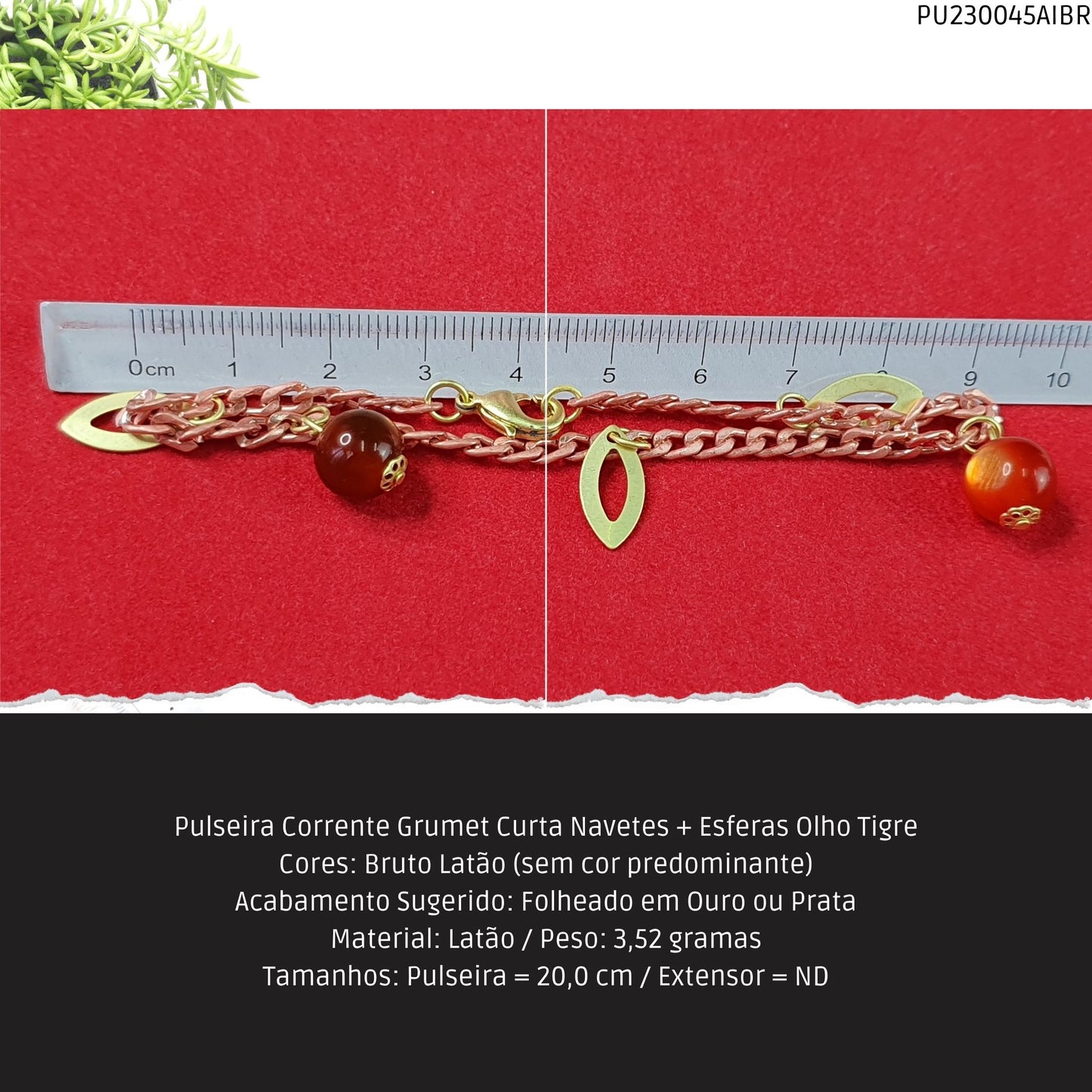 Pulseira Corrente Grumet Curta Navetes + Esferas Olho Tigre  - Código.: PU230045AIBR  - Peso.: 3.5 gr
