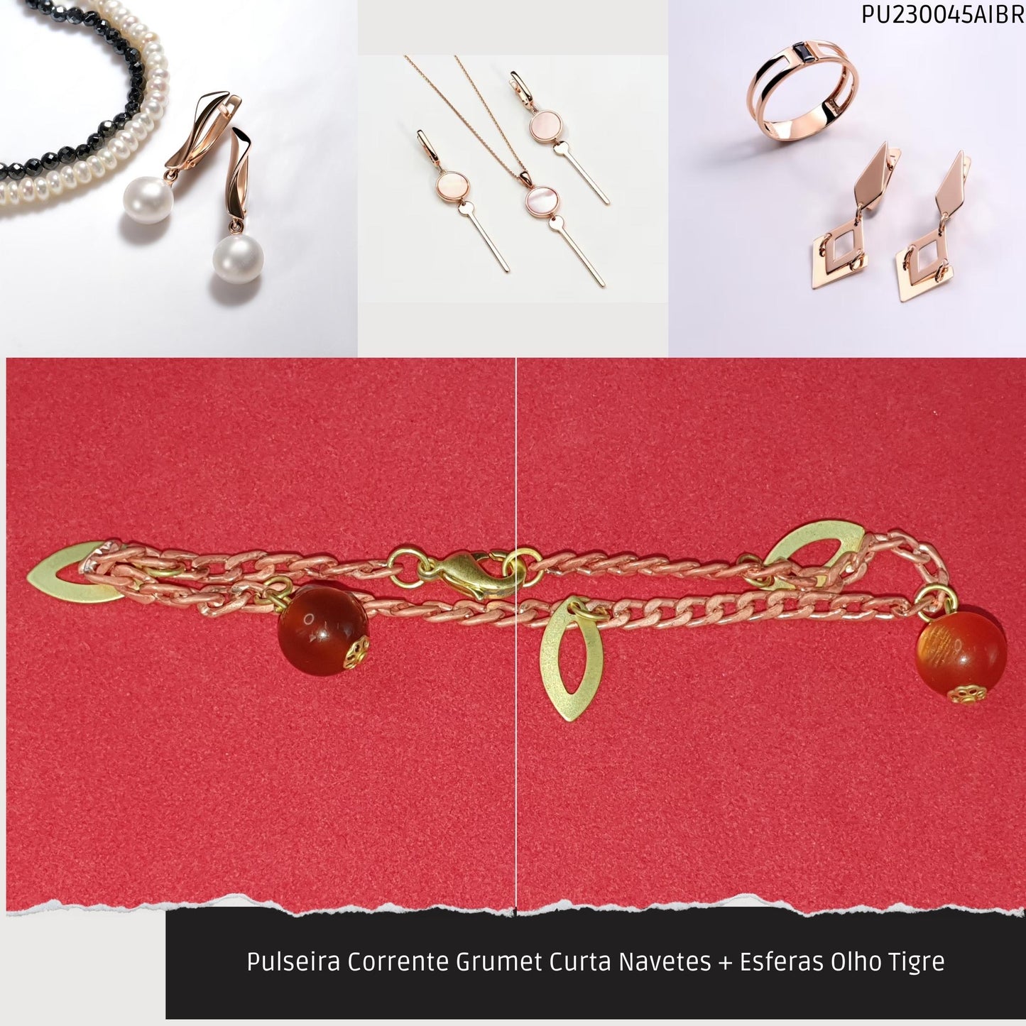 Pulseira Corrente Grumet Curta Navetes + Esferas Olho Tigre  - Código.: PU230045AIBR  - Peso.: 3.5 gr