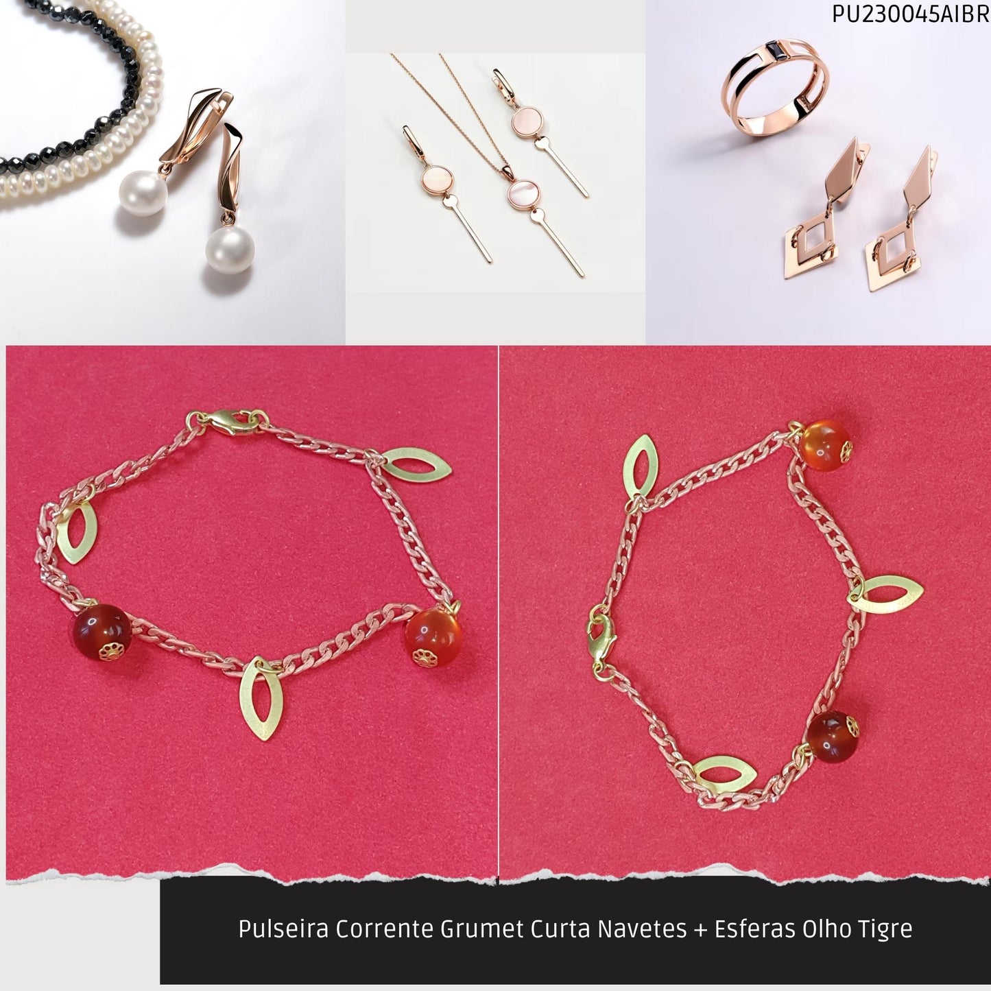 Pulseira Corrente Grumet Curta Navetes + Esferas Olho Tigre  - Código.: PU230045AIBR  - Peso.: 3.5 gr