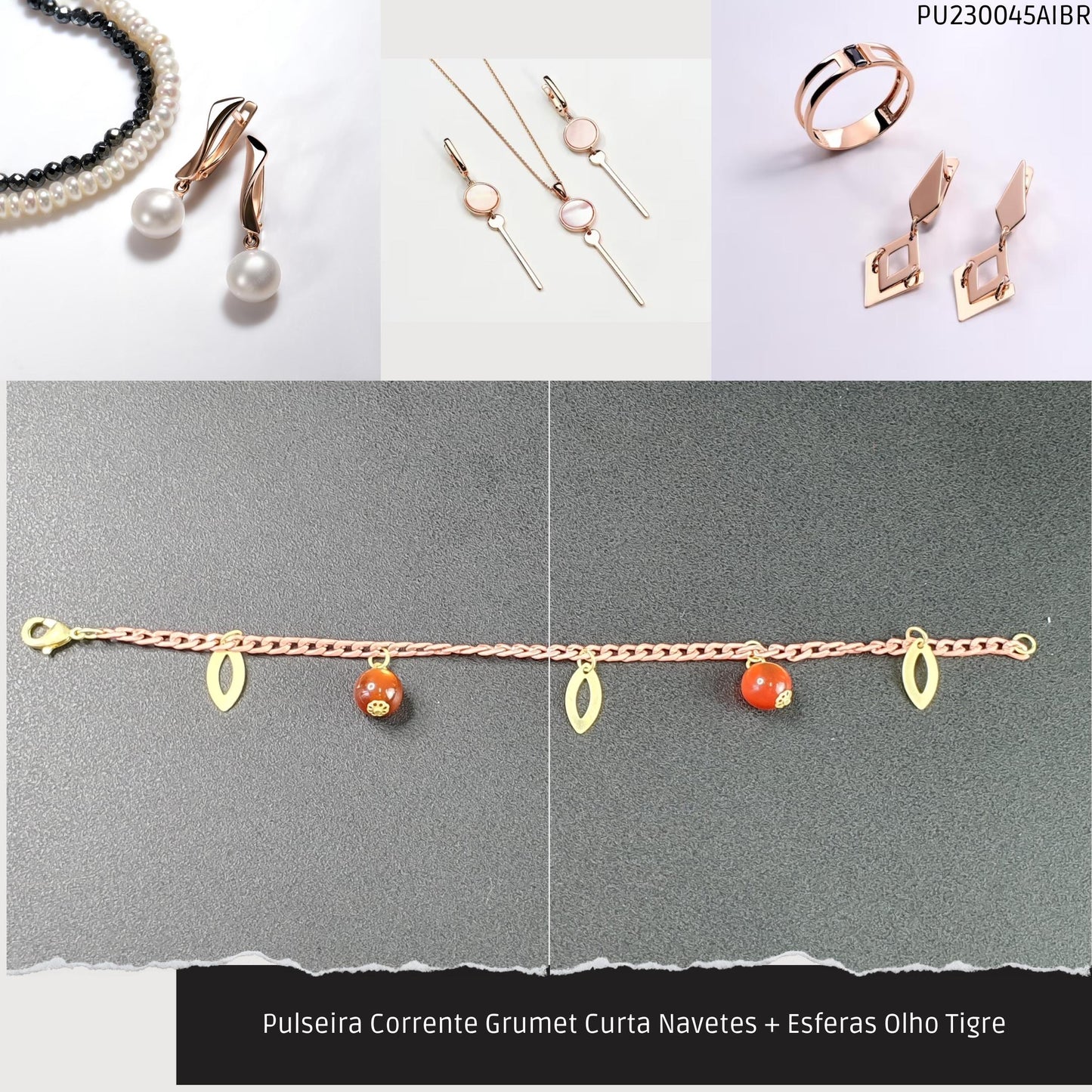 Pulseira Corrente Grumet Curta Navetes + Esferas Olho Tigre  - Código.: PU230045AIBR  - Peso.: 3.5 gr