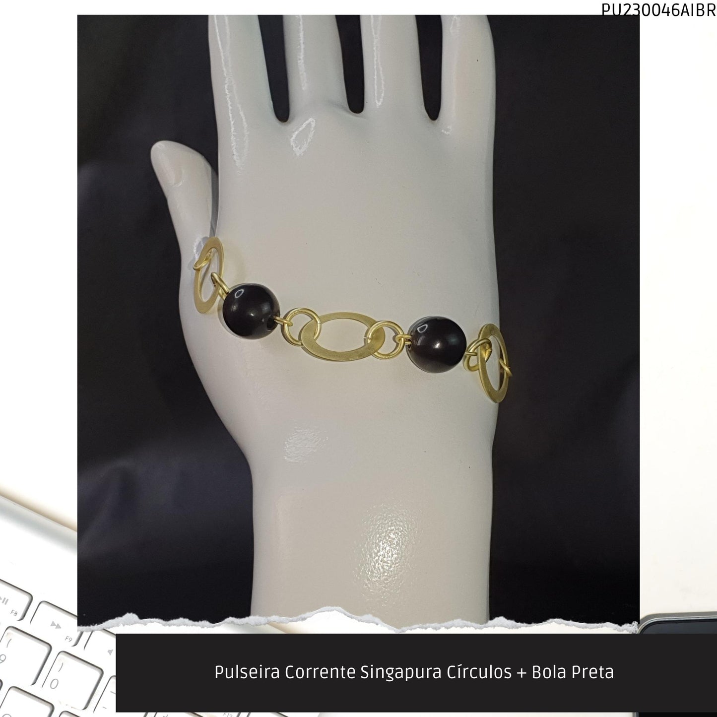 Pulseira Corrente Singapura Círculos + Bola Preta   - Código.: PU230046AIBR  - Peso.: 4.3 gr