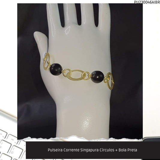 Pulseira Corrente Singapura Círculos + Bola Preta   - Código.: PU230046AIBR  - Peso.: 4.3 gr