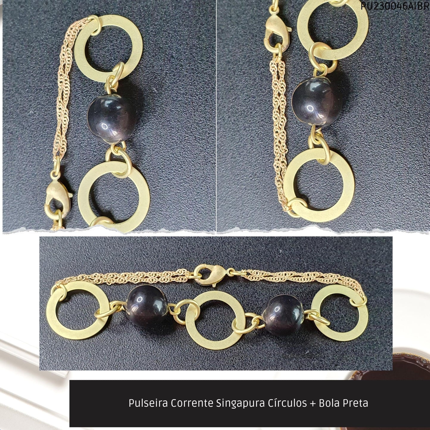 Pulseira Corrente Singapura Círculos + Bola Preta   - Código.: PU230046AIBR  - Peso.: 4.3 gr