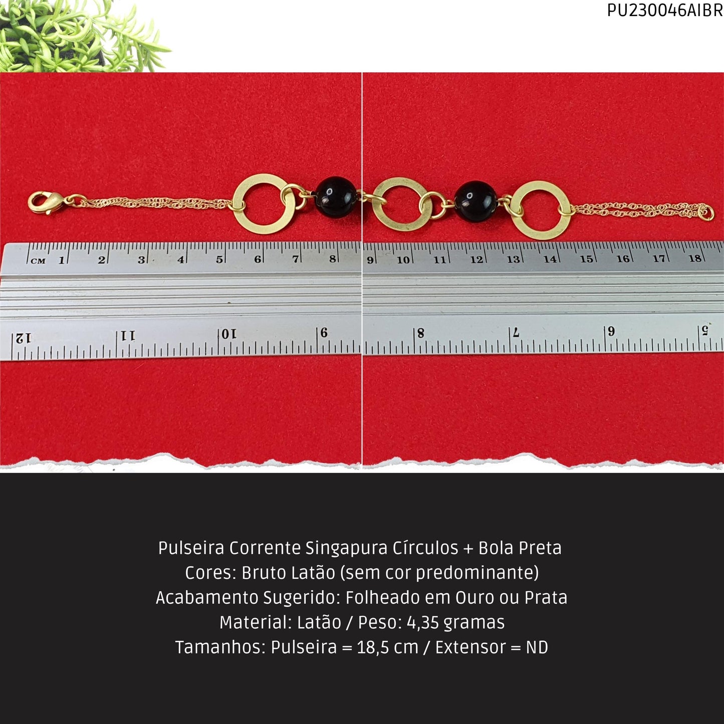 Pulseira Corrente Singapura Círculos + Bola Preta   - Código.: PU230046AIBR  - Peso.: 4.3 gr