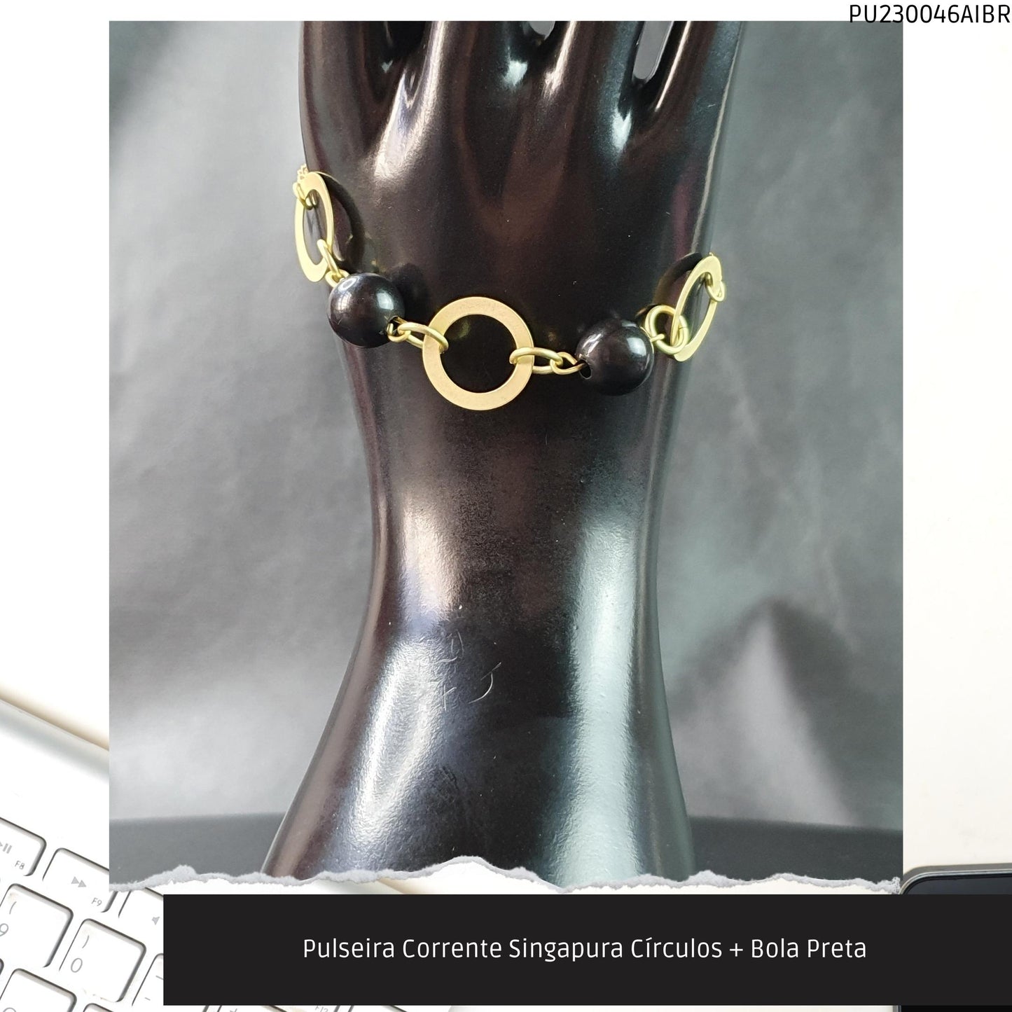 Pulseira Corrente Singapura Círculos + Bola Preta   - Código.: PU230046AIBR  - Peso.: 4.3 gr