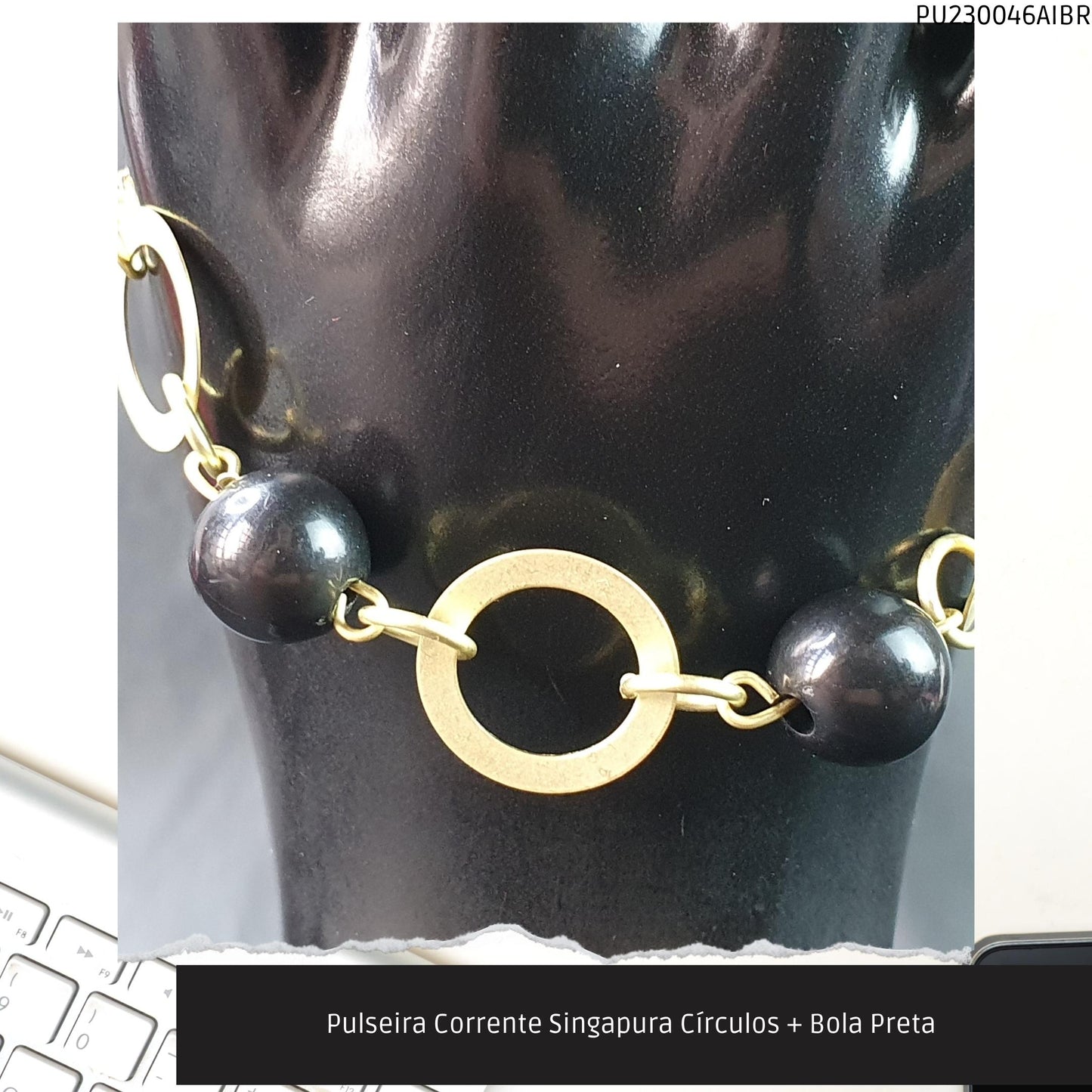 Pulseira Corrente Singapura Círculos + Bola Preta   - Código.: PU230046AIBR  - Peso.: 4.3 gr