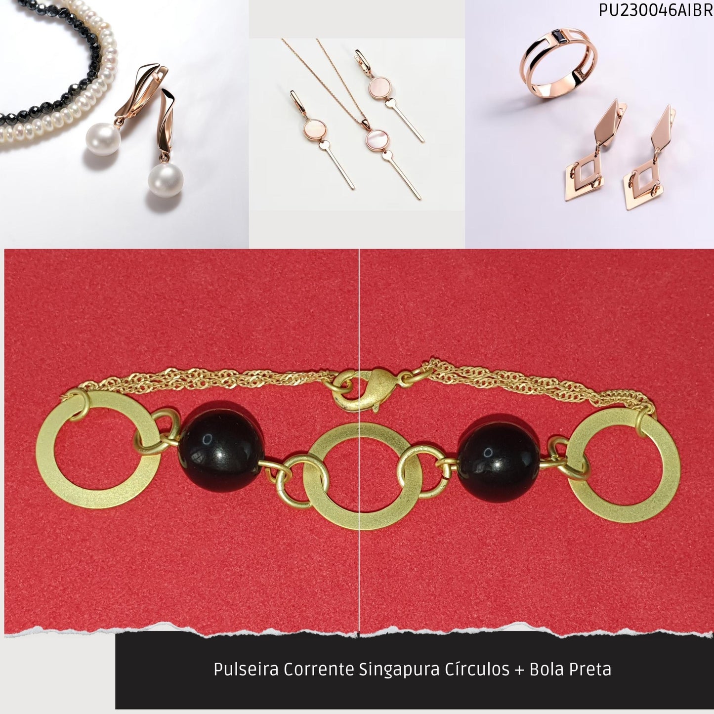 Pulseira Corrente Singapura Círculos + Bola Preta   - Código.: PU230046AIBR  - Peso.: 4.3 gr