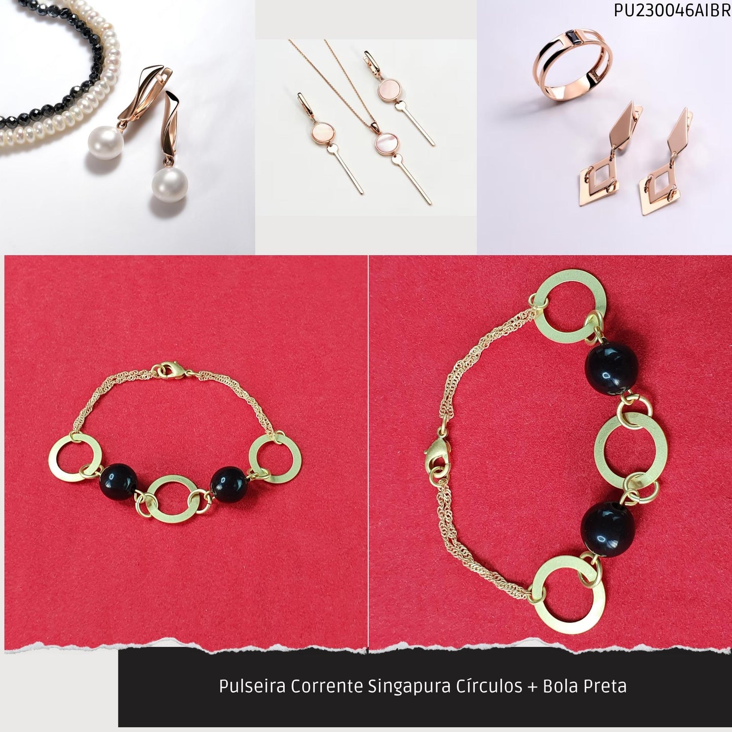 Pulseira Corrente Singapura Círculos + Bola Preta   - Código.: PU230046AIBR  - Peso.: 4.3 gr