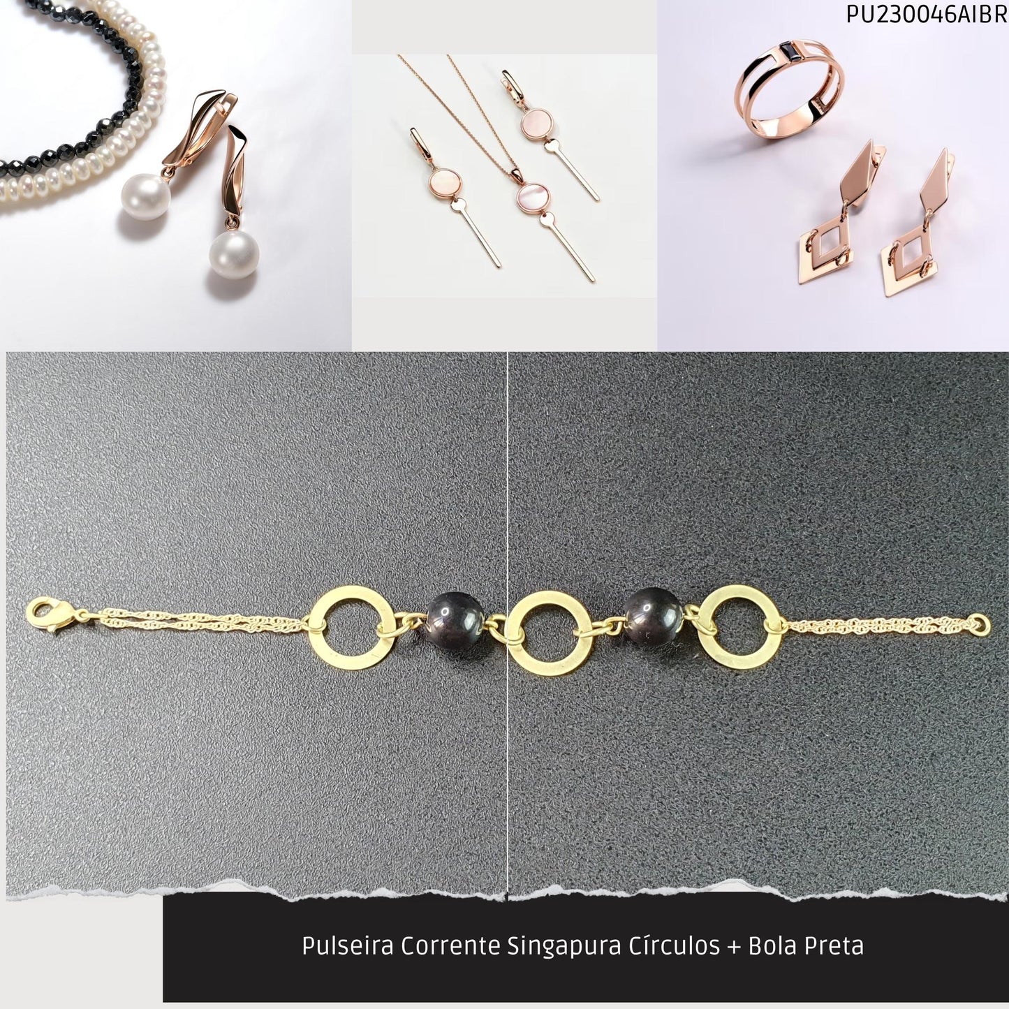 Pulseira Corrente Singapura Círculos + Bola Preta   - Código.: PU230046AIBR  - Peso.: 4.3 gr