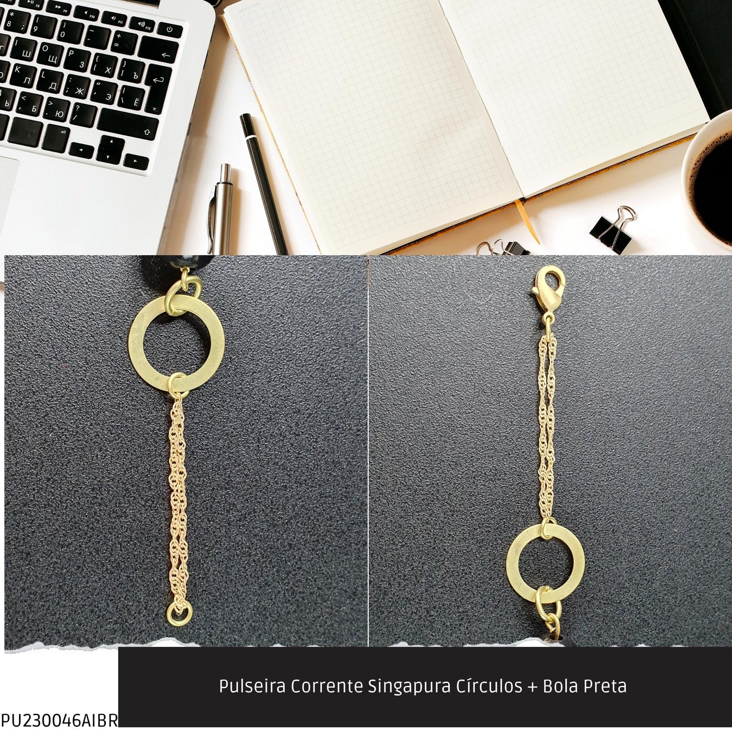 Pulseira Corrente Singapura Círculos + Bola Preta   - Código.: PU230046AIBR  - Peso.: 4.3 gr