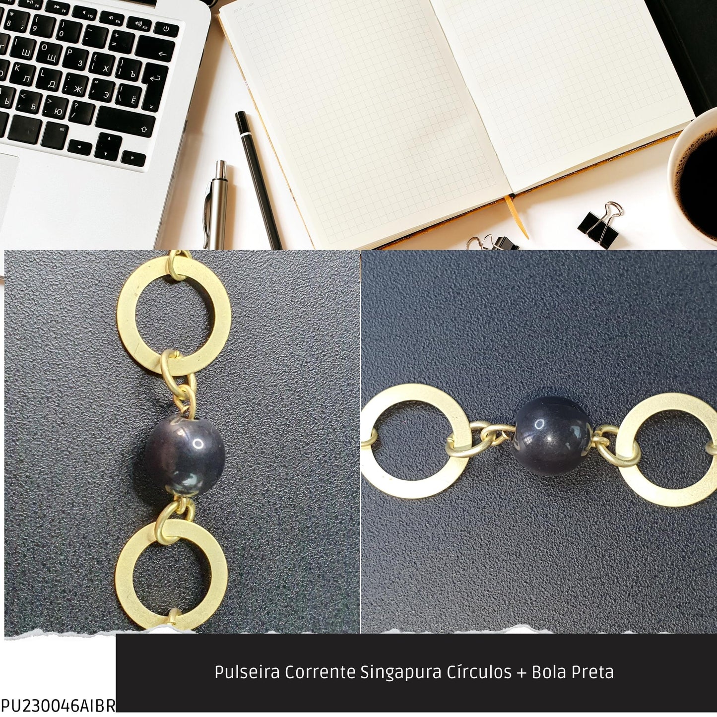 Pulseira Corrente Singapura Círculos + Bola Preta   - Código.: PU230046AIBR  - Peso.: 4.3 gr