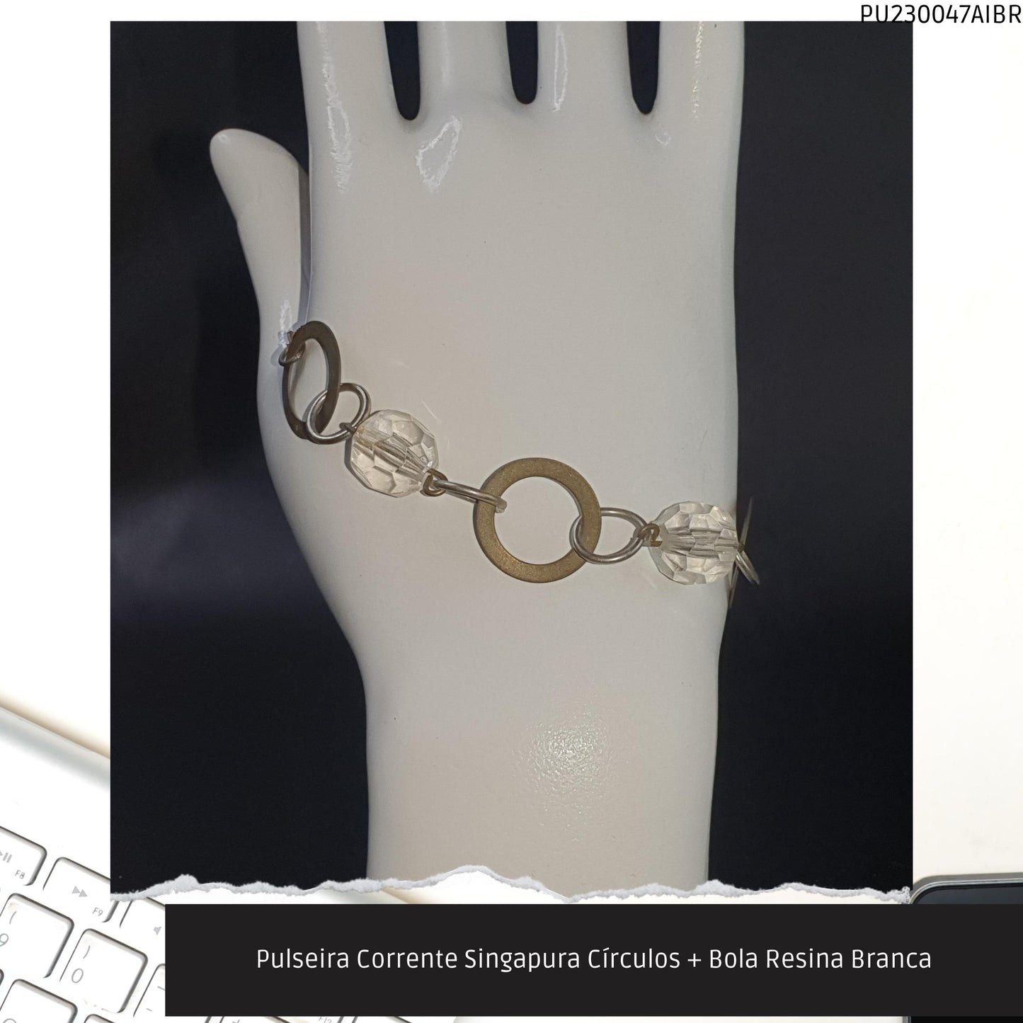 Pulseira Corrente Singapura Círculos + Bola Resina Branca  - Código.: PU230047AIBR  - Peso.: 5.1 gr