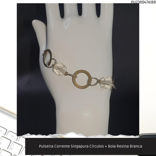 Pulseira Corrente Singapura Círculos + Bola Resina Branca  - Código.: PU230047AIBR  - Peso.: 5.1 gr
