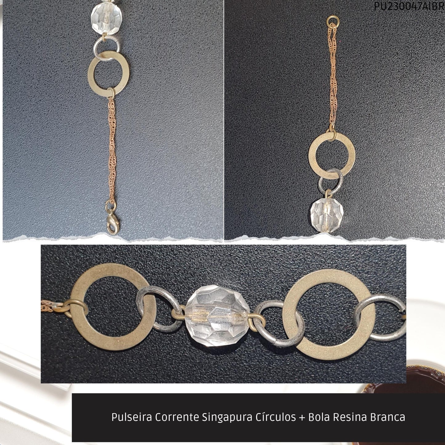 Pulseira Corrente Singapura Círculos + Bola Resina Branca  - Código.: PU230047AIBR  - Peso.: 5.1 gr