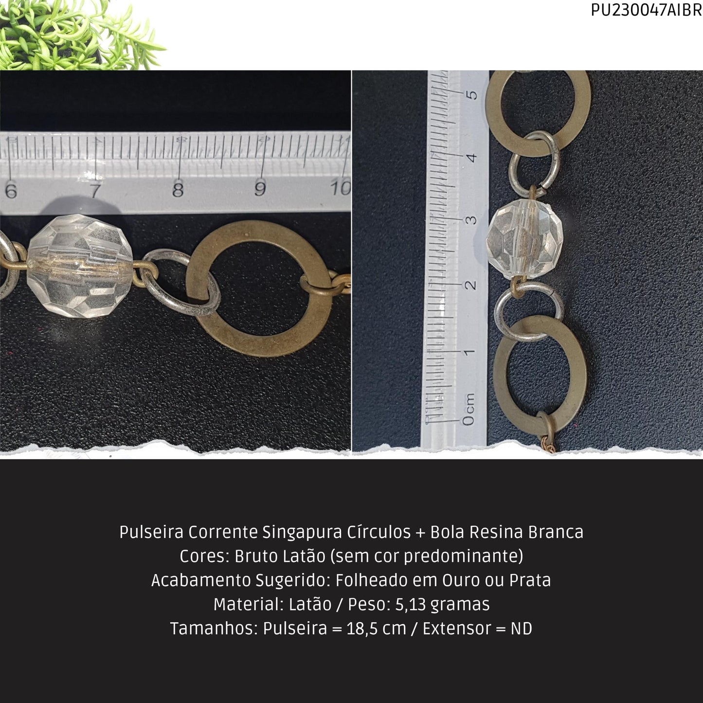 Pulseira Corrente Singapura Círculos + Bola Resina Branca  - Código.: PU230047AIBR  - Peso.: 5.1 gr