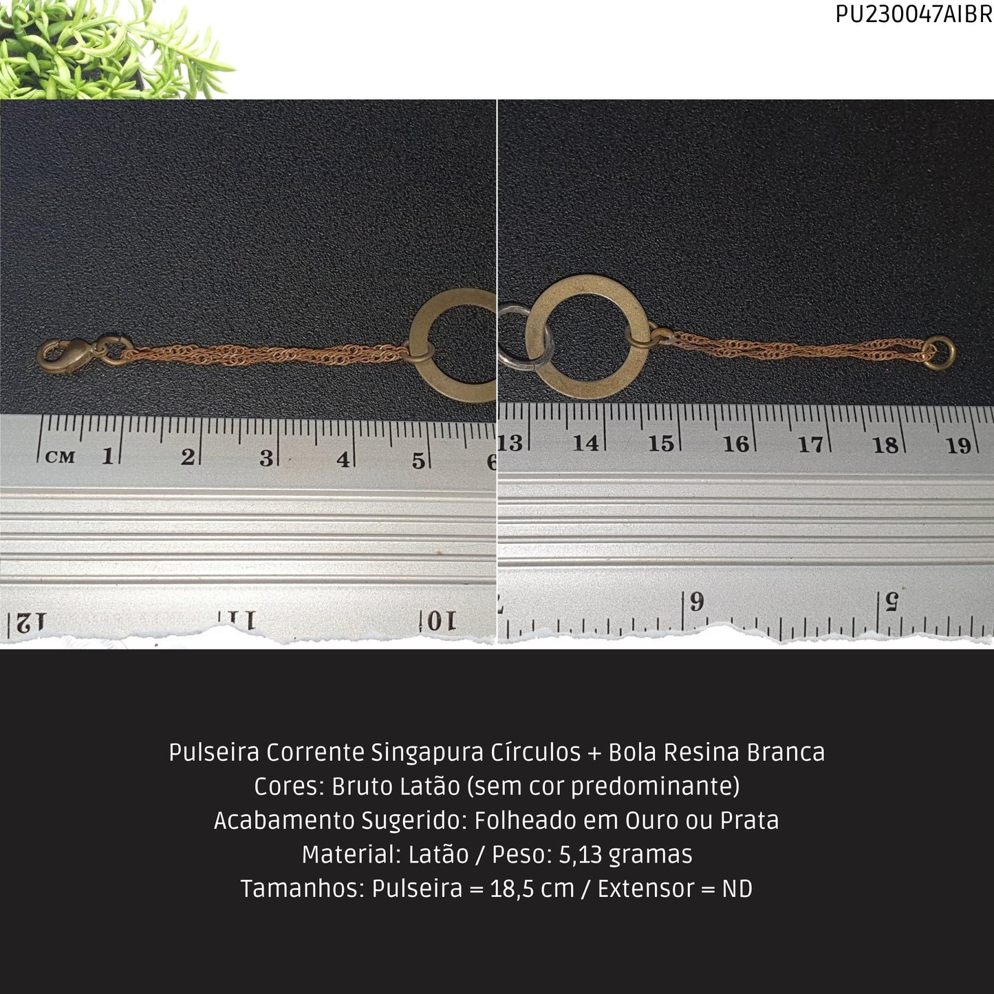 Pulseira Corrente Singapura Círculos + Bola Resina Branca  - Código.: PU230047AIBR  - Peso.: 5.1 gr