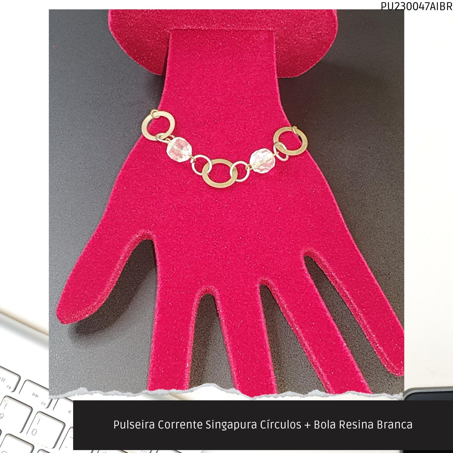 Pulseira Corrente Singapura Círculos + Bola Resina Branca  - Código.: PU230047AIBR  - Peso.: 5.1 gr