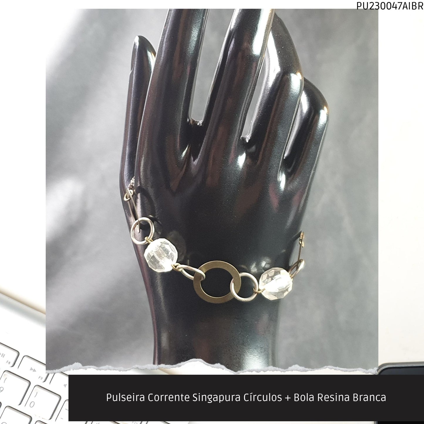 Pulseira Corrente Singapura Círculos + Bola Resina Branca  - Código.: PU230047AIBR  - Peso.: 5.1 gr
