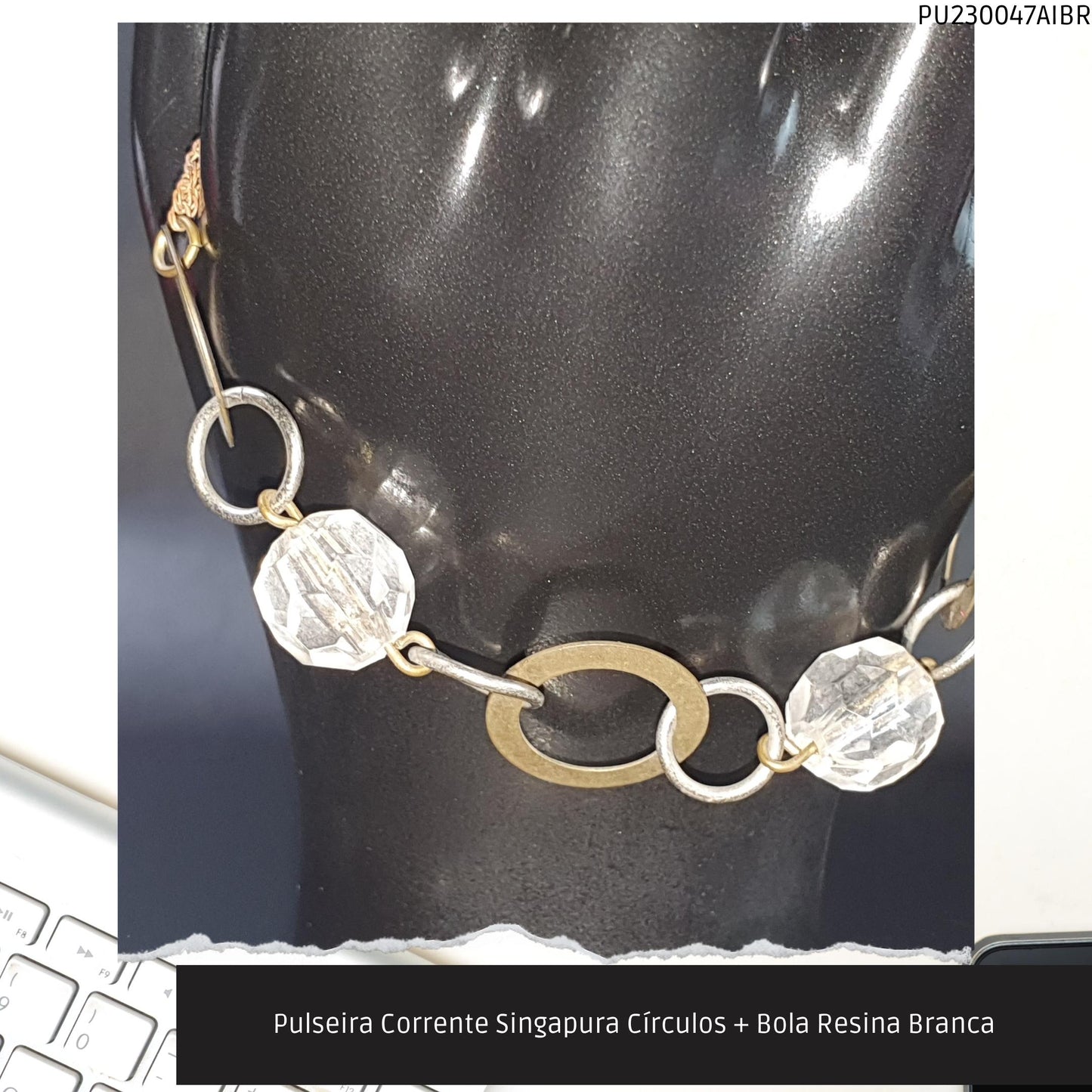 Pulseira Corrente Singapura Círculos + Bola Resina Branca  - Código.: PU230047AIBR  - Peso.: 5.1 gr