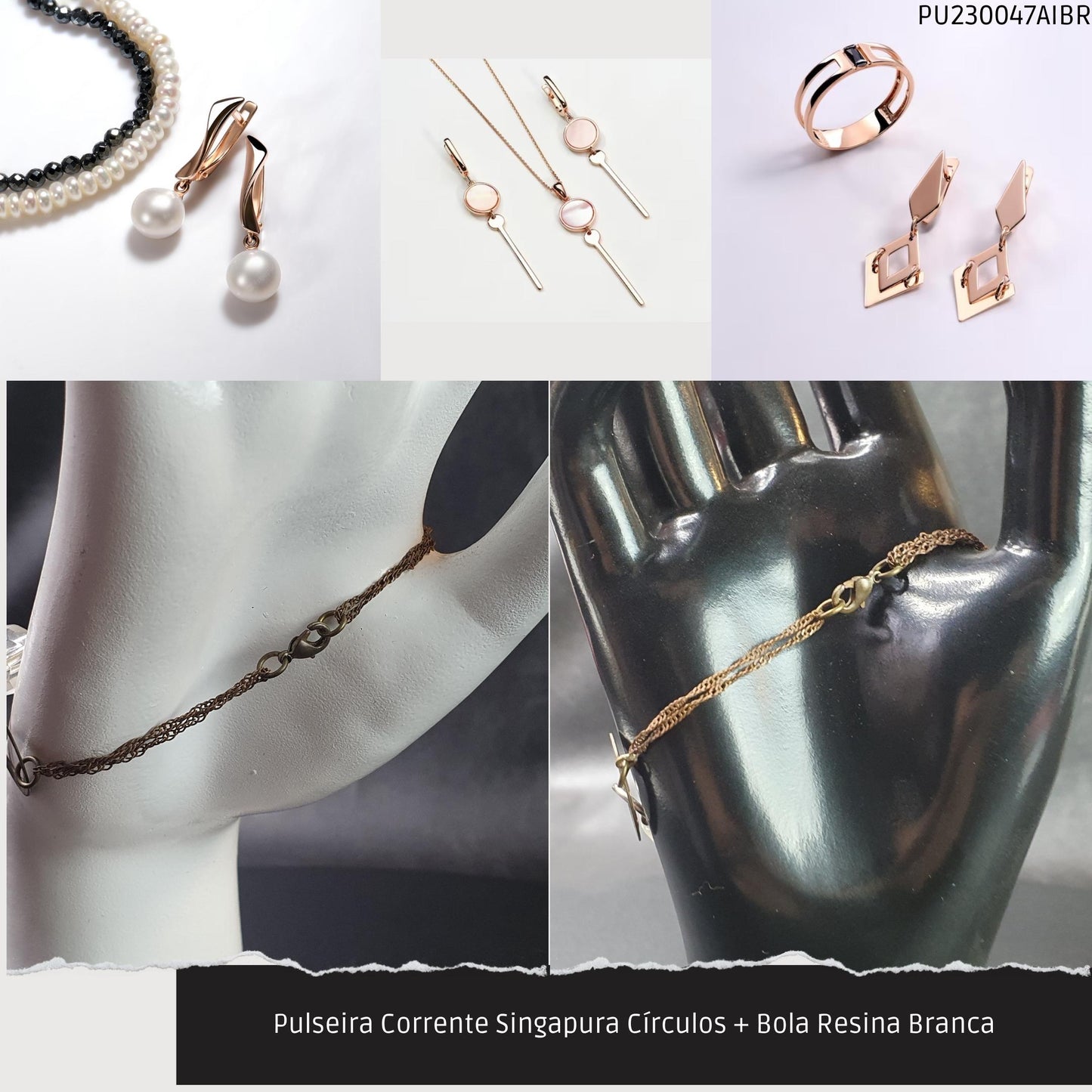 Pulseira Corrente Singapura Círculos + Bola Resina Branca  - Código.: PU230047AIBR  - Peso.: 5.1 gr