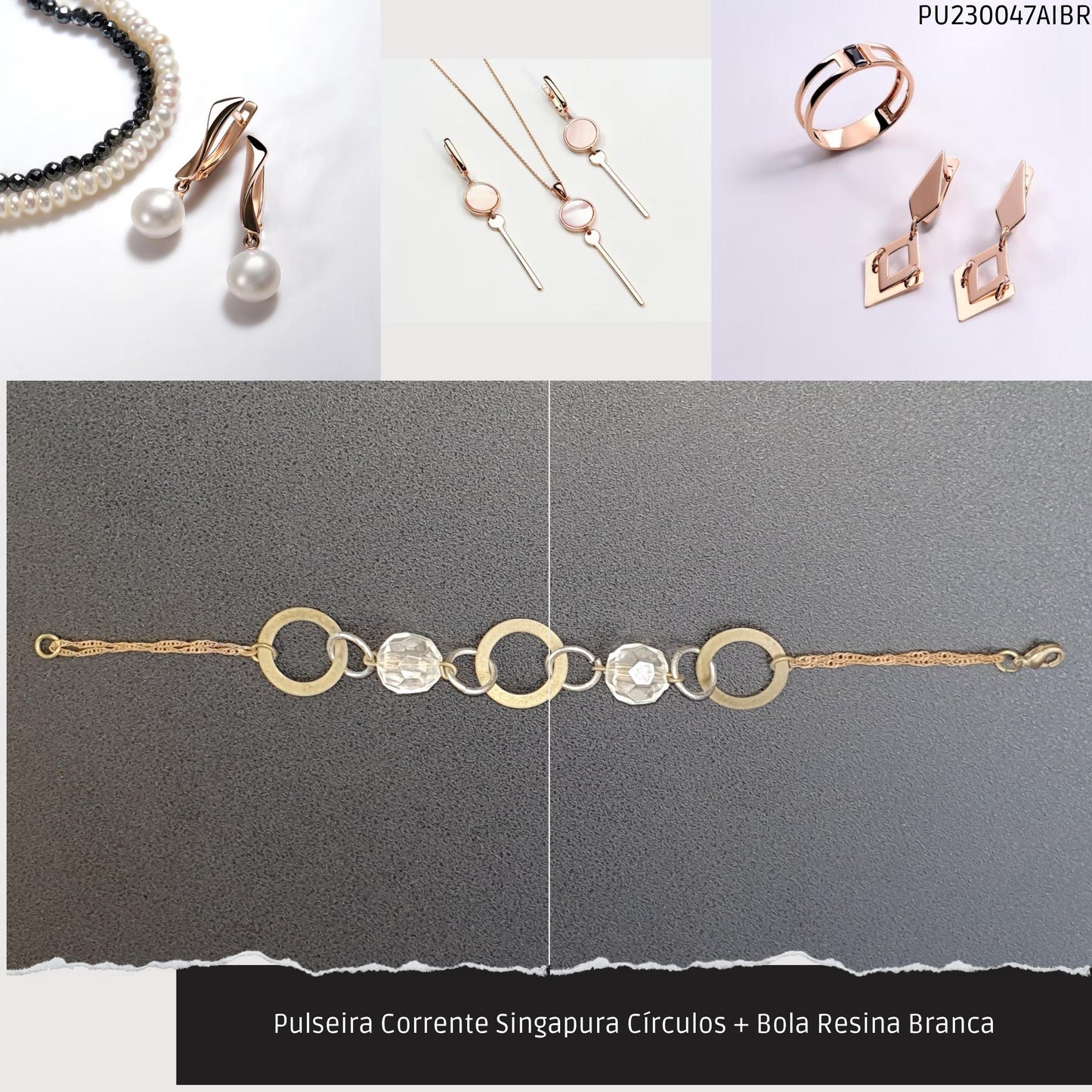 Pulseira Corrente Singapura Círculos + Bola Resina Branca  - Código.: PU230047AIBR  - Peso.: 5.1 gr
