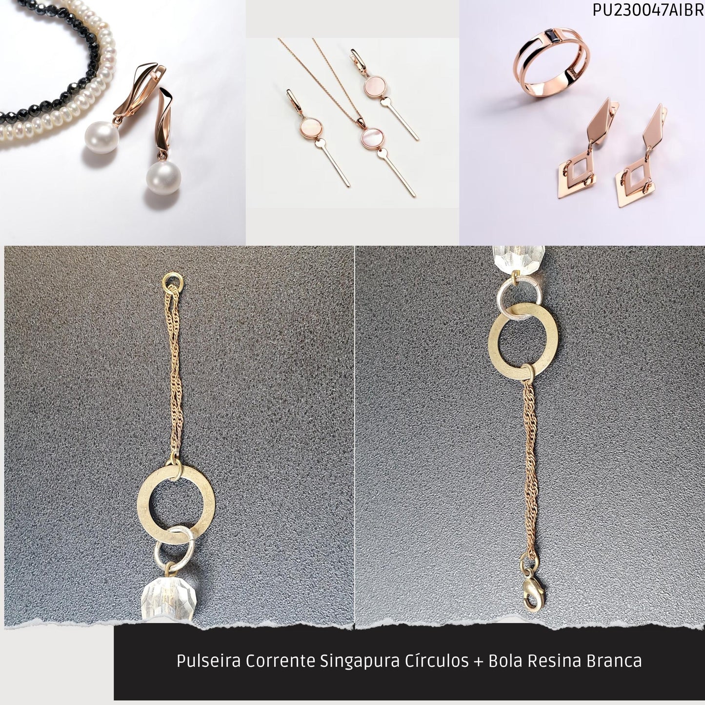 Pulseira Corrente Singapura Círculos + Bola Resina Branca  - Código.: PU230047AIBR  - Peso.: 5.1 gr