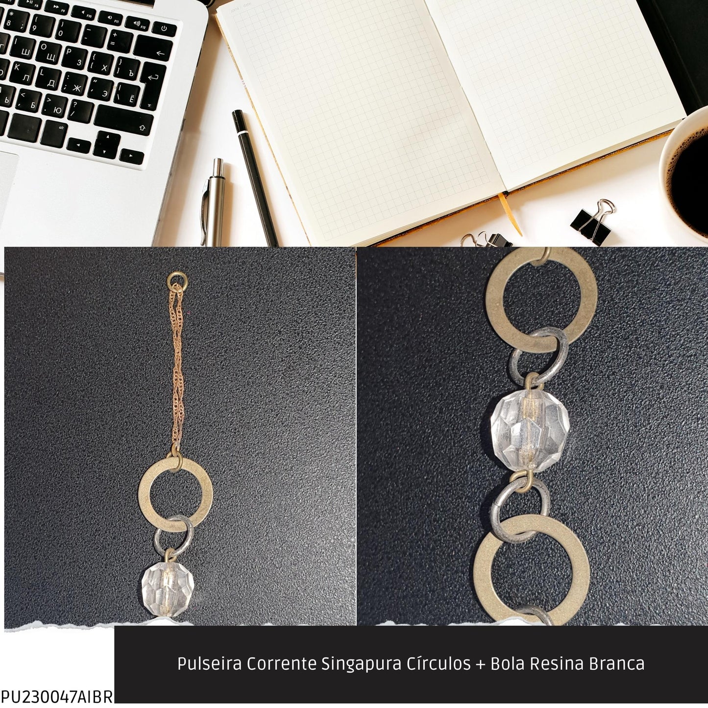 Pulseira Corrente Singapura Círculos + Bola Resina Branca  - Código.: PU230047AIBR  - Peso.: 5.1 gr