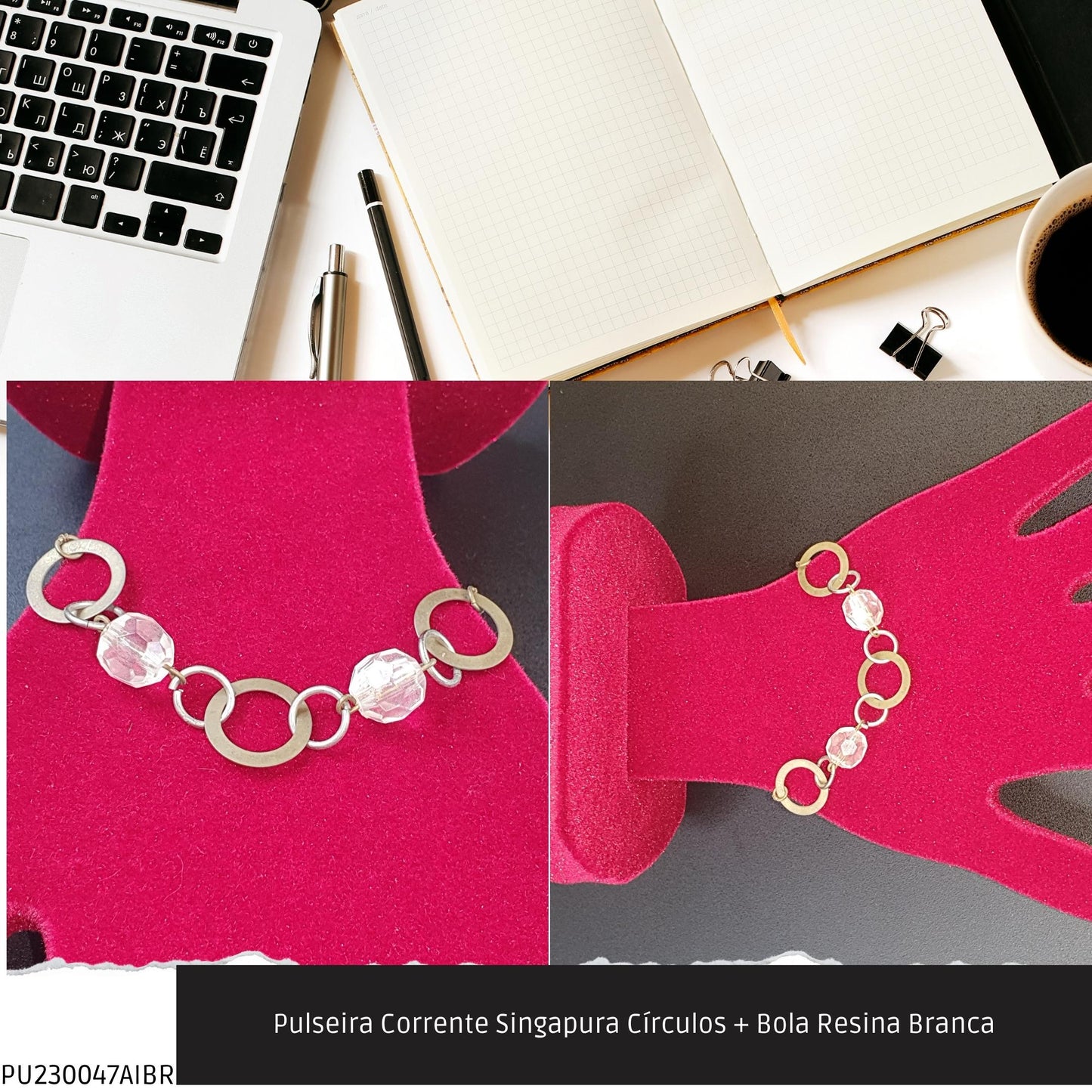 Pulseira Corrente Singapura Círculos + Bola Resina Branca  - Código.: PU230047AIBR  - Peso.: 5.1 gr