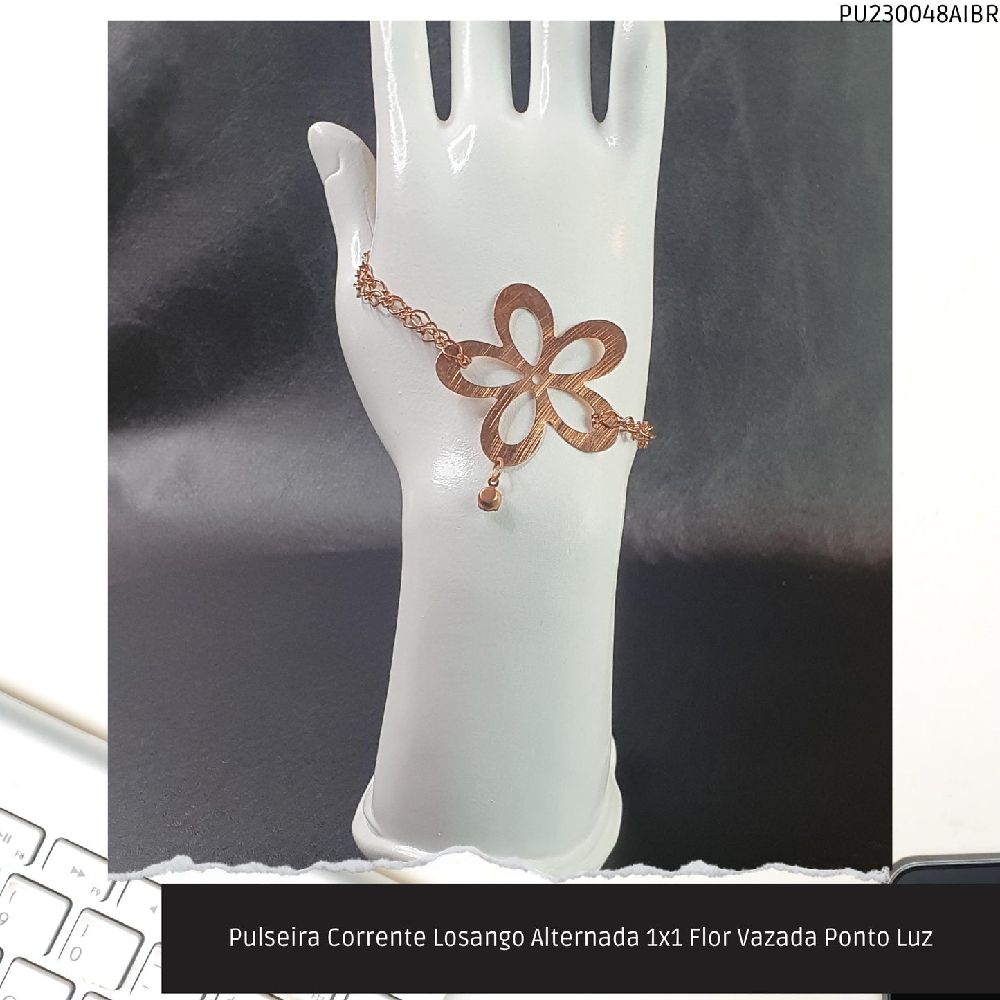 Pulseira Corrente Losango Alternada 1x1 Flor Vazada Ponto Luz  - Código.: PU230048AIBR  - Peso.: 5.4 gr