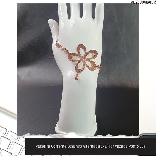 Pulseira Corrente Losango Alternada 1x1 Flor Vazada Ponto Luz  - Código.: PU230048AIBR  - Peso.: 5.4 gr