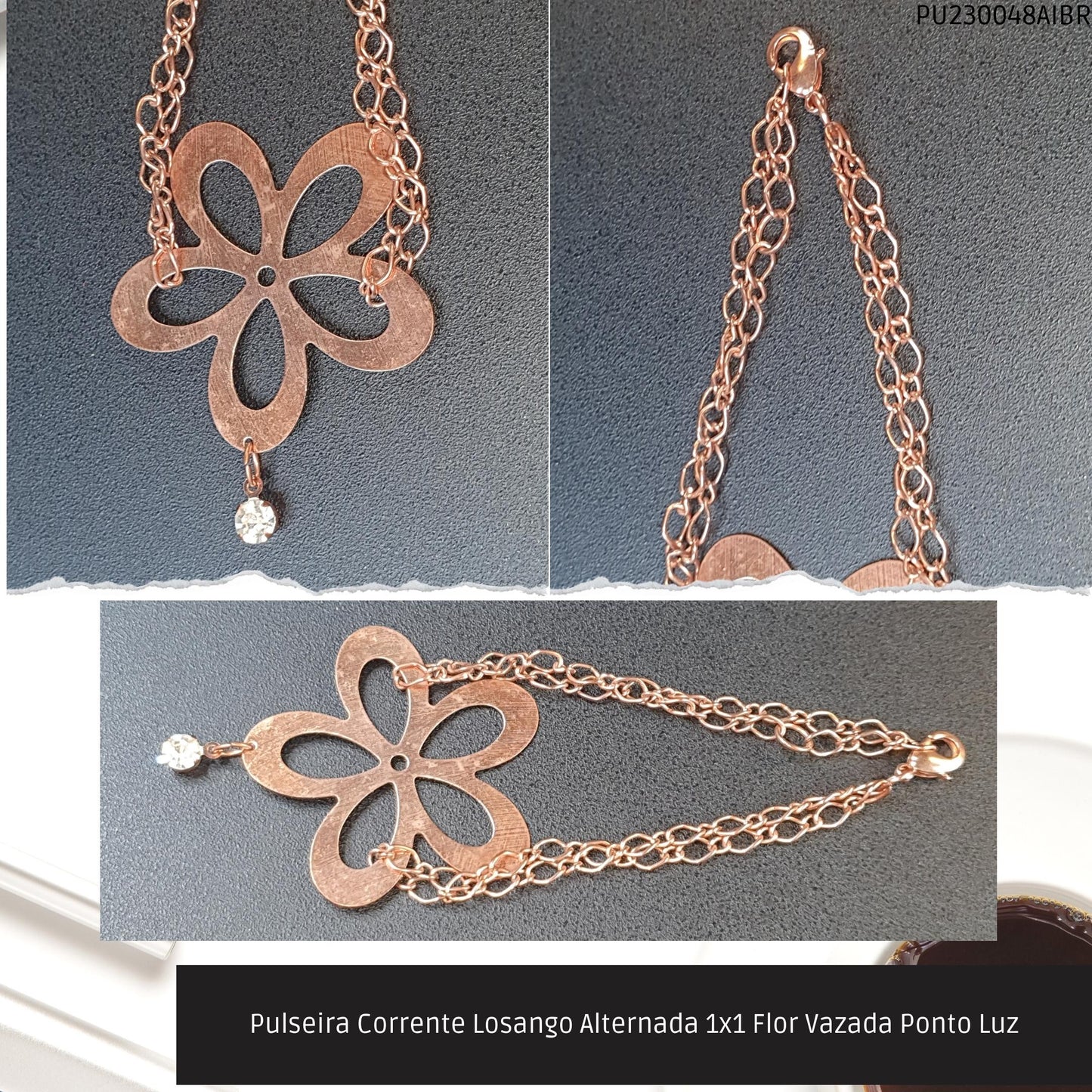 Pulseira Corrente Losango Alternada 1x1 Flor Vazada Ponto Luz  - Código.: PU230048AIBR  - Peso.: 5.4 gr