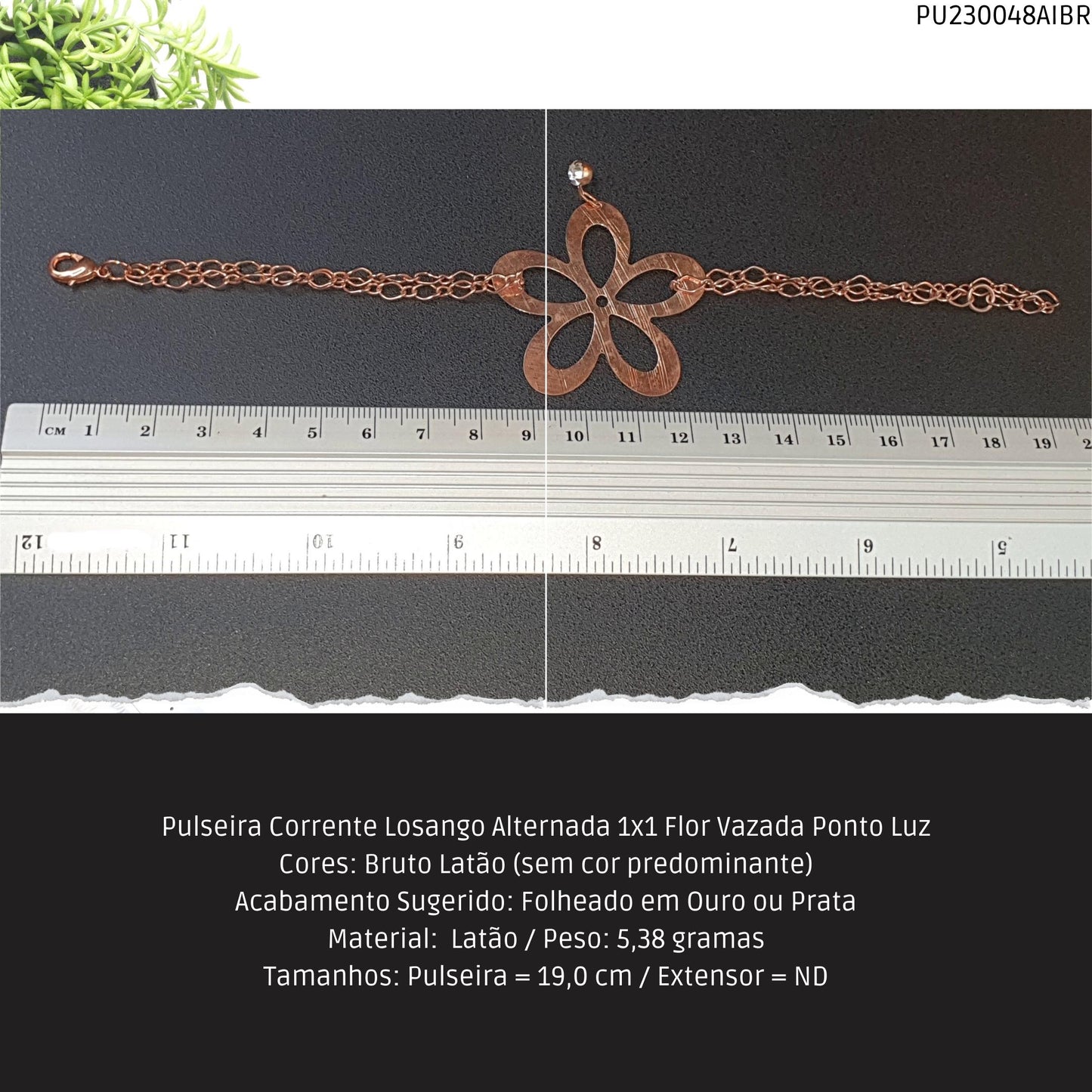 Pulseira Corrente Losango Alternada 1x1 Flor Vazada Ponto Luz  - Código.: PU230048AIBR  - Peso.: 5.4 gr