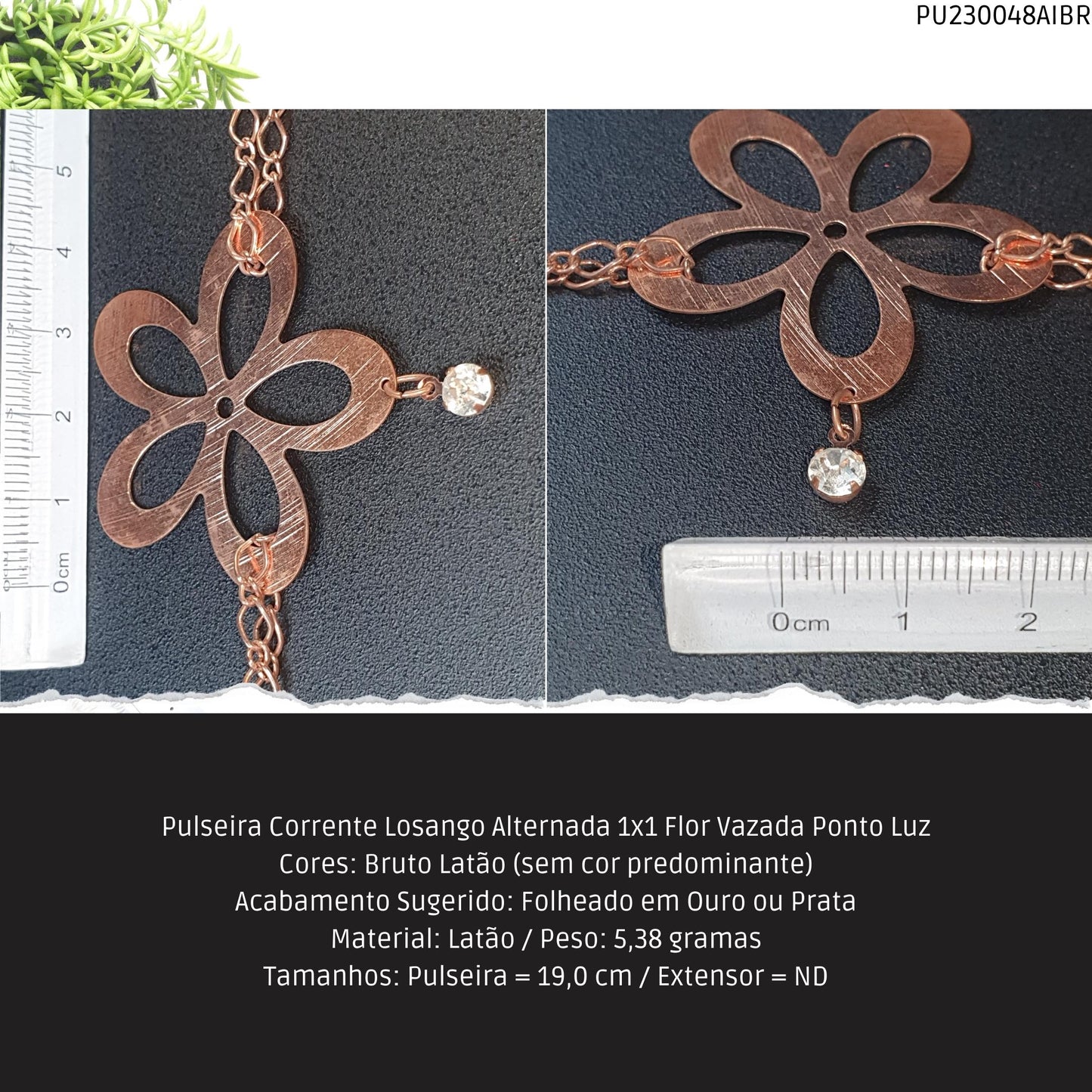 Pulseira Corrente Losango Alternada 1x1 Flor Vazada Ponto Luz  - Código.: PU230048AIBR  - Peso.: 5.4 gr