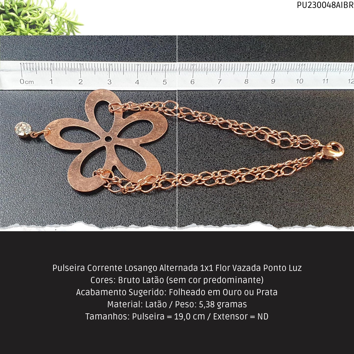 Pulseira Corrente Losango Alternada 1x1 Flor Vazada Ponto Luz  - Código.: PU230048AIBR  - Peso.: 5.4 gr