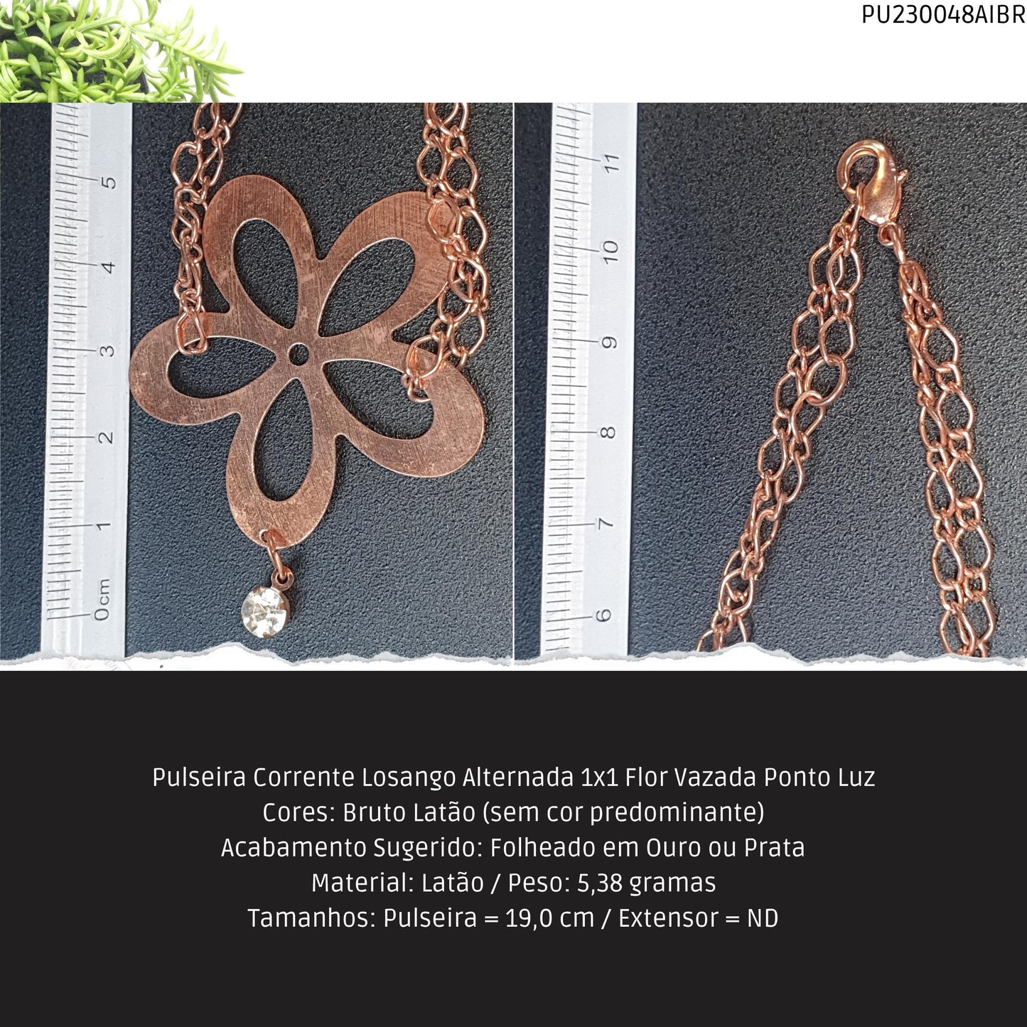 Pulseira Corrente Losango Alternada 1x1 Flor Vazada Ponto Luz  - Código.: PU230048AIBR  - Peso.: 5.4 gr