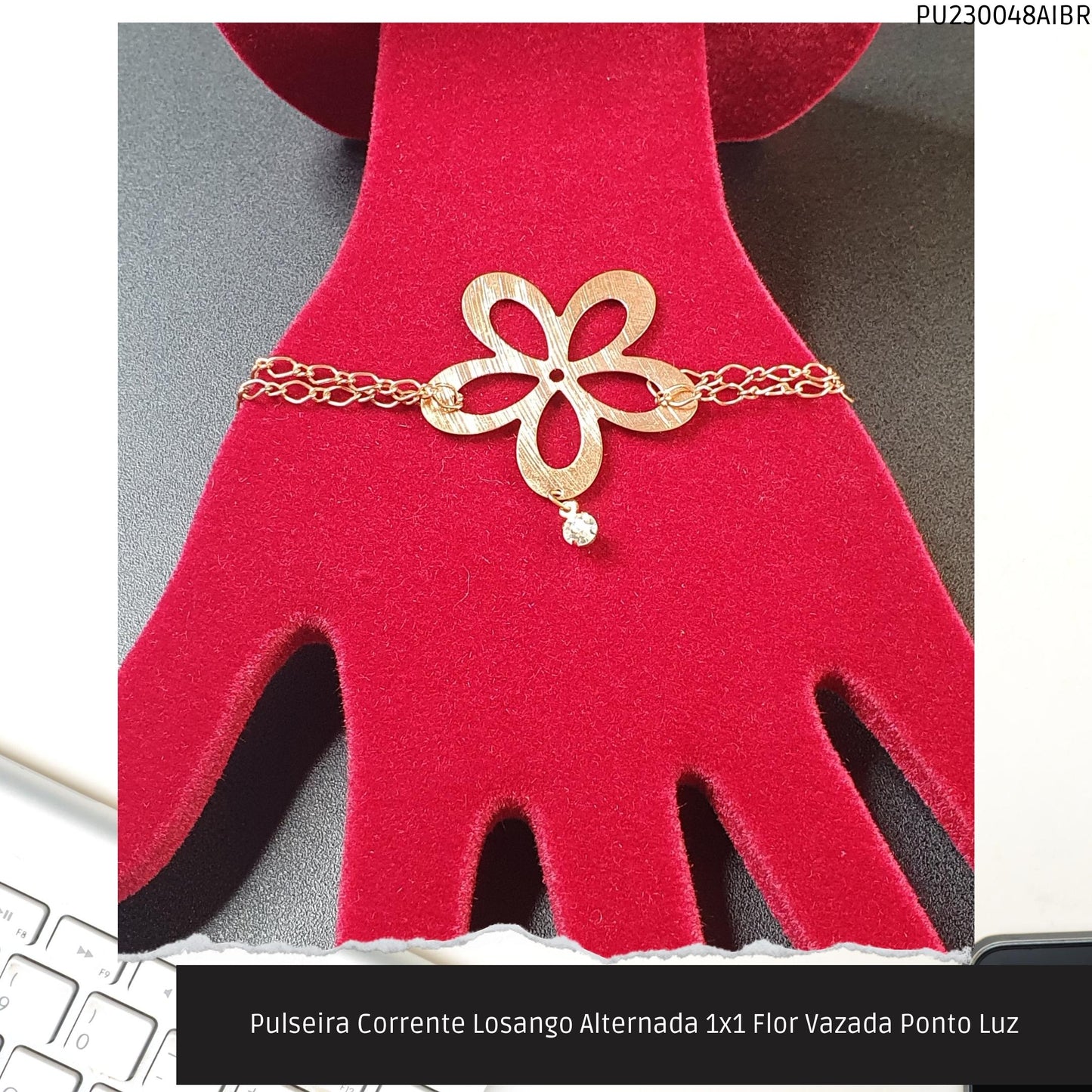 Pulseira Corrente Losango Alternada 1x1 Flor Vazada Ponto Luz  - Código.: PU230048AIBR  - Peso.: 5.4 gr