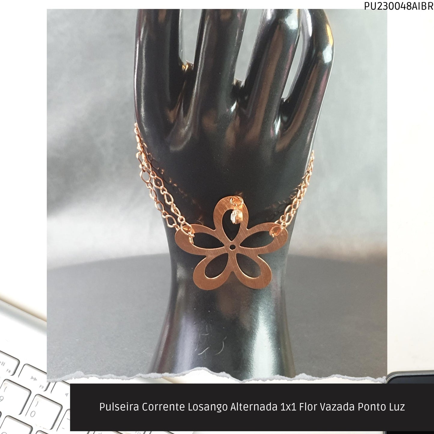 Pulseira Corrente Losango Alternada 1x1 Flor Vazada Ponto Luz  - Código.: PU230048AIBR  - Peso.: 5.4 gr