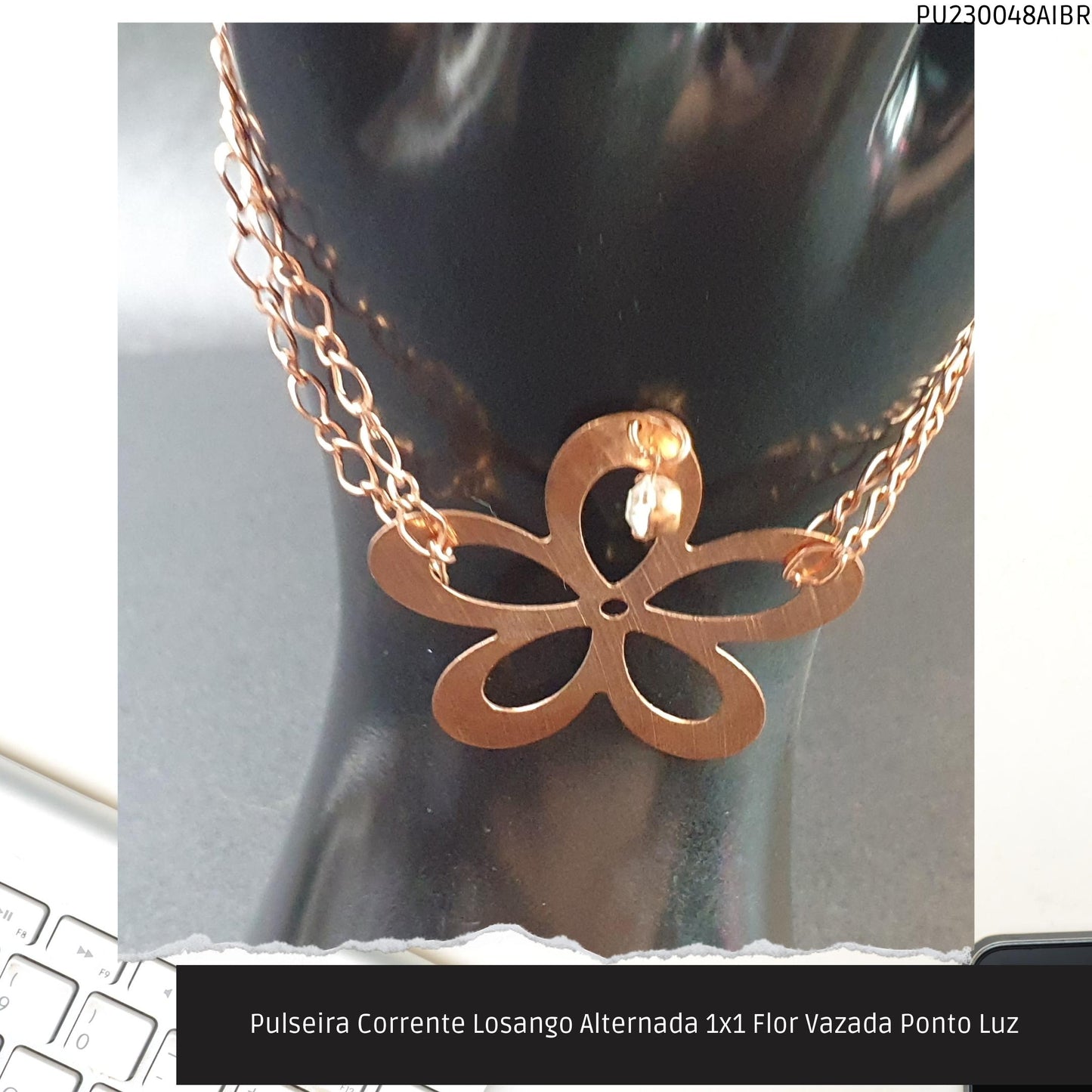 Pulseira Corrente Losango Alternada 1x1 Flor Vazada Ponto Luz  - Código.: PU230048AIBR  - Peso.: 5.4 gr