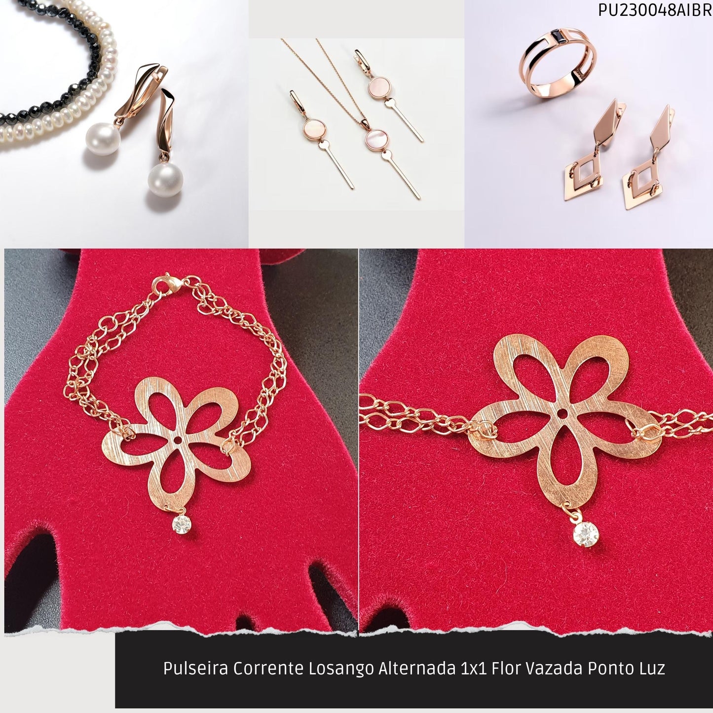 Pulseira Corrente Losango Alternada 1x1 Flor Vazada Ponto Luz  - Código.: PU230048AIBR  - Peso.: 5.4 gr