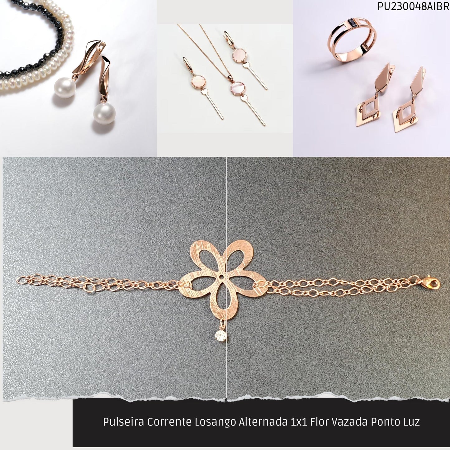 Pulseira Corrente Losango Alternada 1x1 Flor Vazada Ponto Luz  - Código.: PU230048AIBR  - Peso.: 5.4 gr