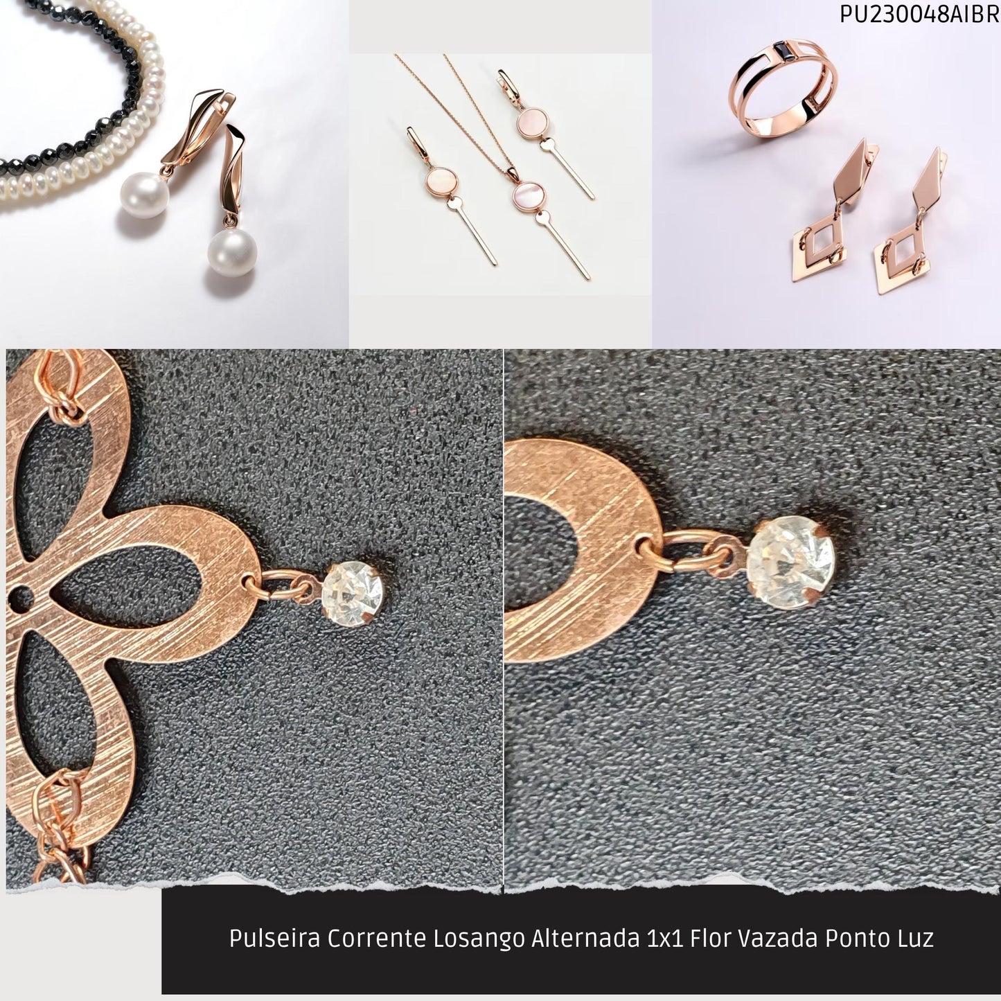 Pulseira Corrente Losango Alternada 1x1 Flor Vazada Ponto Luz  - Código.: PU230048AIBR  - Peso.: 5.4 gr