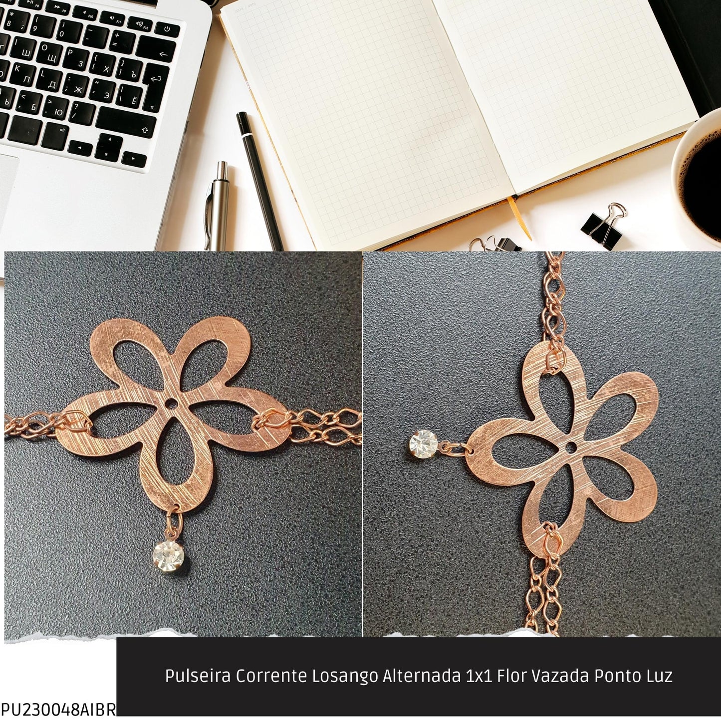 Pulseira Corrente Losango Alternada 1x1 Flor Vazada Ponto Luz  - Código.: PU230048AIBR  - Peso.: 5.4 gr