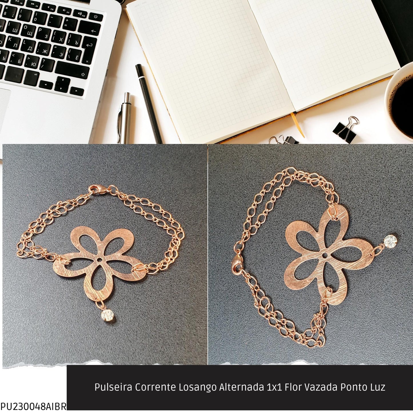 Pulseira Corrente Losango Alternada 1x1 Flor Vazada Ponto Luz  - Código.: PU230048AIBR  - Peso.: 5.4 gr