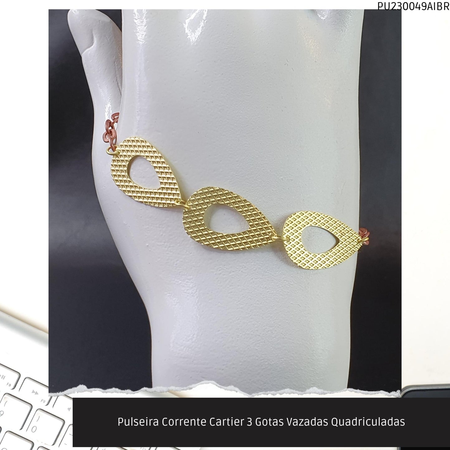 Pulseira Corrente Cartier 3 Gotas Vazadas Quadriculadas  - Código.: PU230049AIBR  - Peso.: 2.7 gr