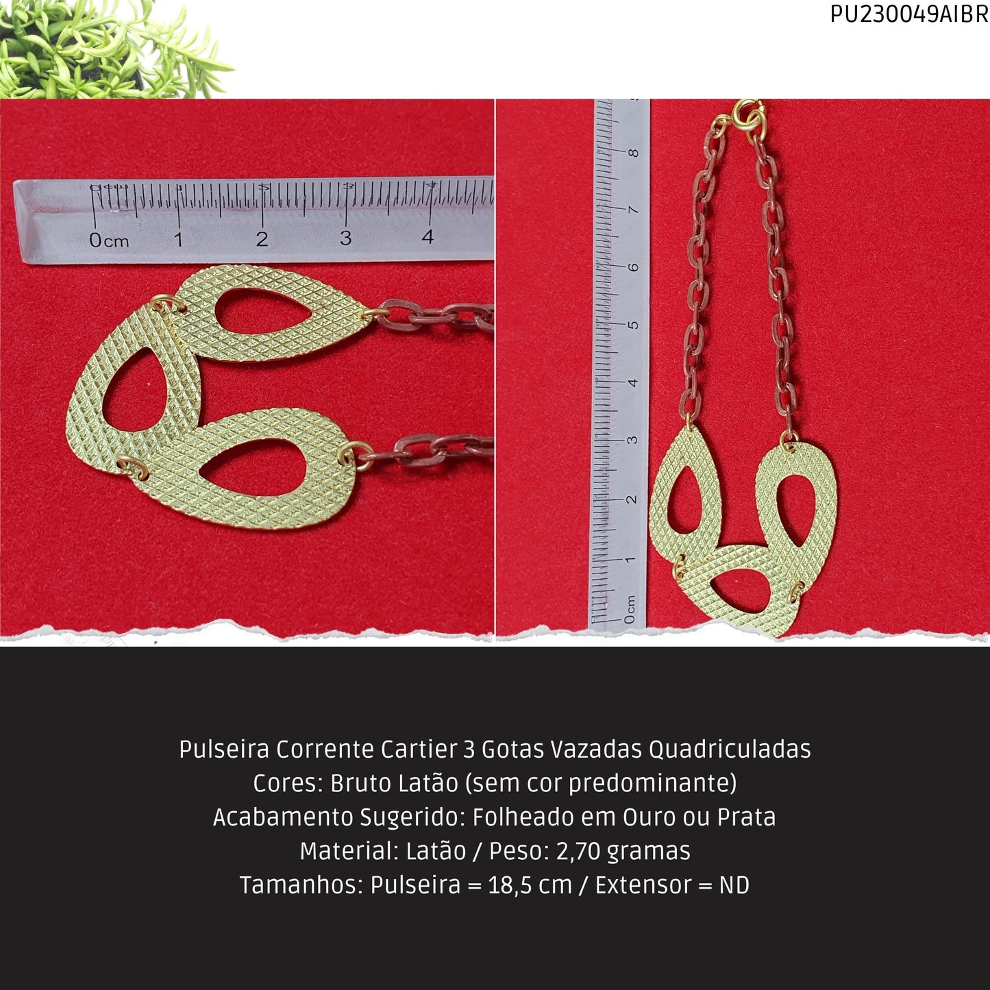 Pulseira Corrente Cartier 3 Gotas Vazadas Quadriculadas  - Código.: PU230049AIBR  - Peso.: 2.7 gr