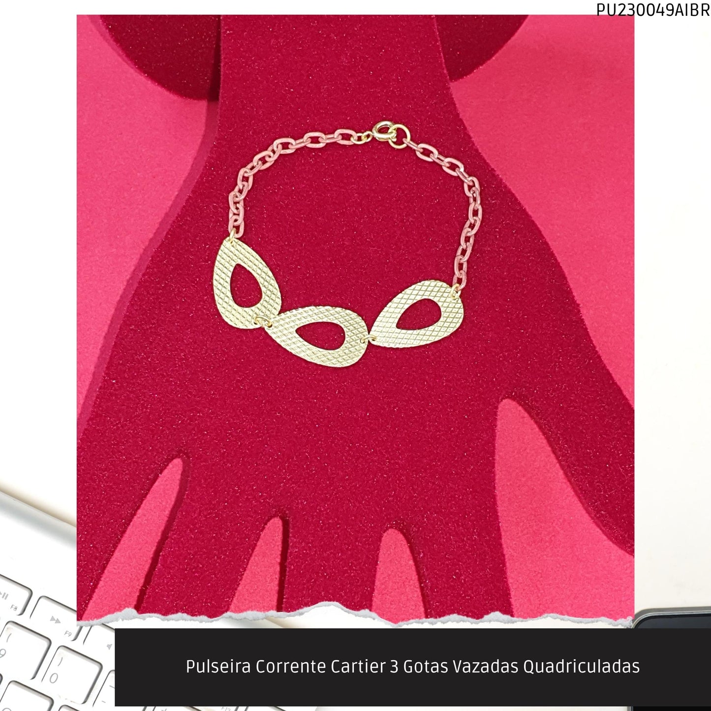 Pulseira Corrente Cartier 3 Gotas Vazadas Quadriculadas  - Código.: PU230049AIBR  - Peso.: 2.7 gr