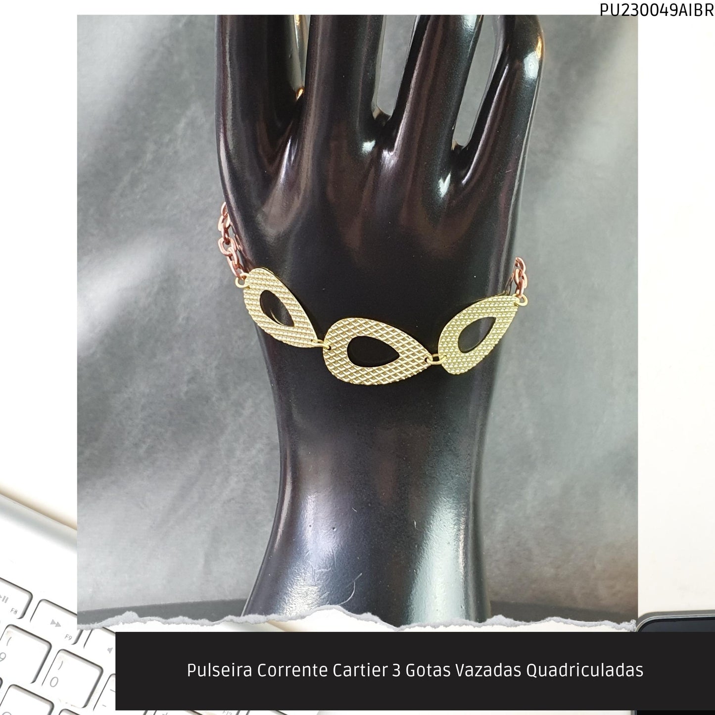 Pulseira Corrente Cartier 3 Gotas Vazadas Quadriculadas  - Código.: PU230049AIBR  - Peso.: 2.7 gr